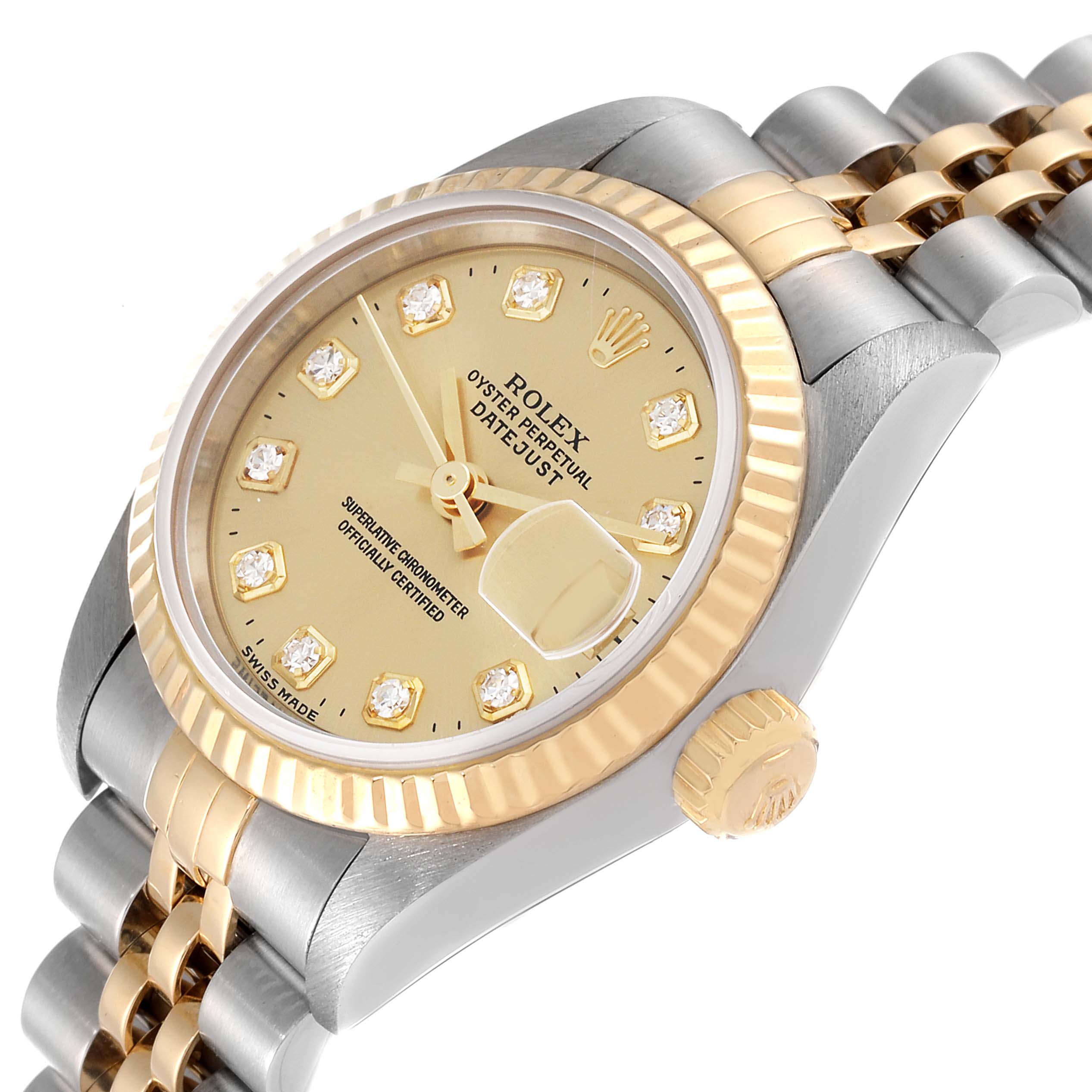 The image shows a close-up, angled view of the Rolex Datejust 69173 Women's Steel and Gold (two tone) Champagne Dial 69173 Women's Steel and Gold (two tone) Champagne Dial watch, highlighting the dial, bezel, crown, and part of the bracelet.