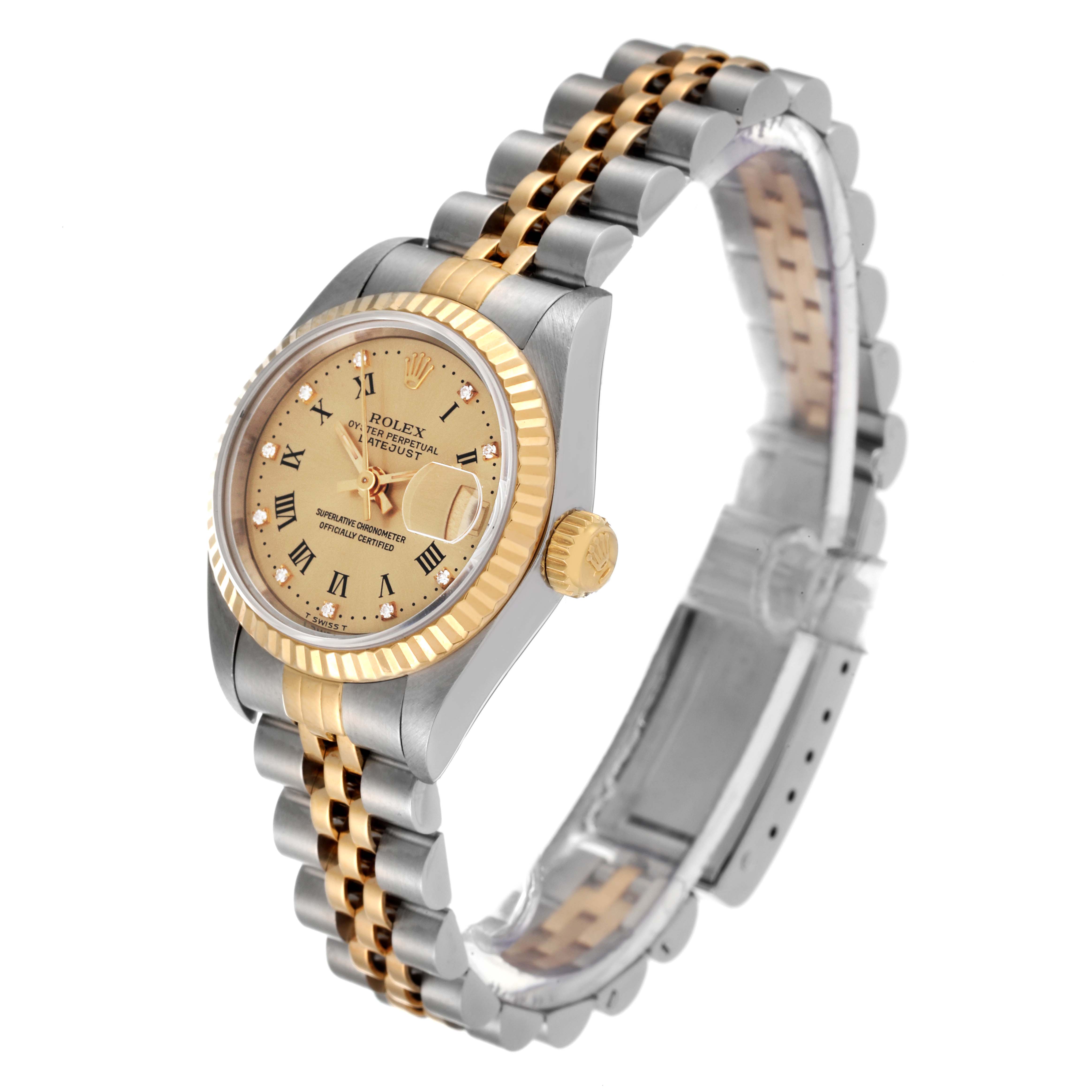 This image shows a Rolex Datejust 69173 Women's Steel and Gold (two tone) Champagne Dial 69173 Women's Steel and Gold (two tone) Champagne Dial watch at an angle highlighting its face, crown, and two-tone bracelet.