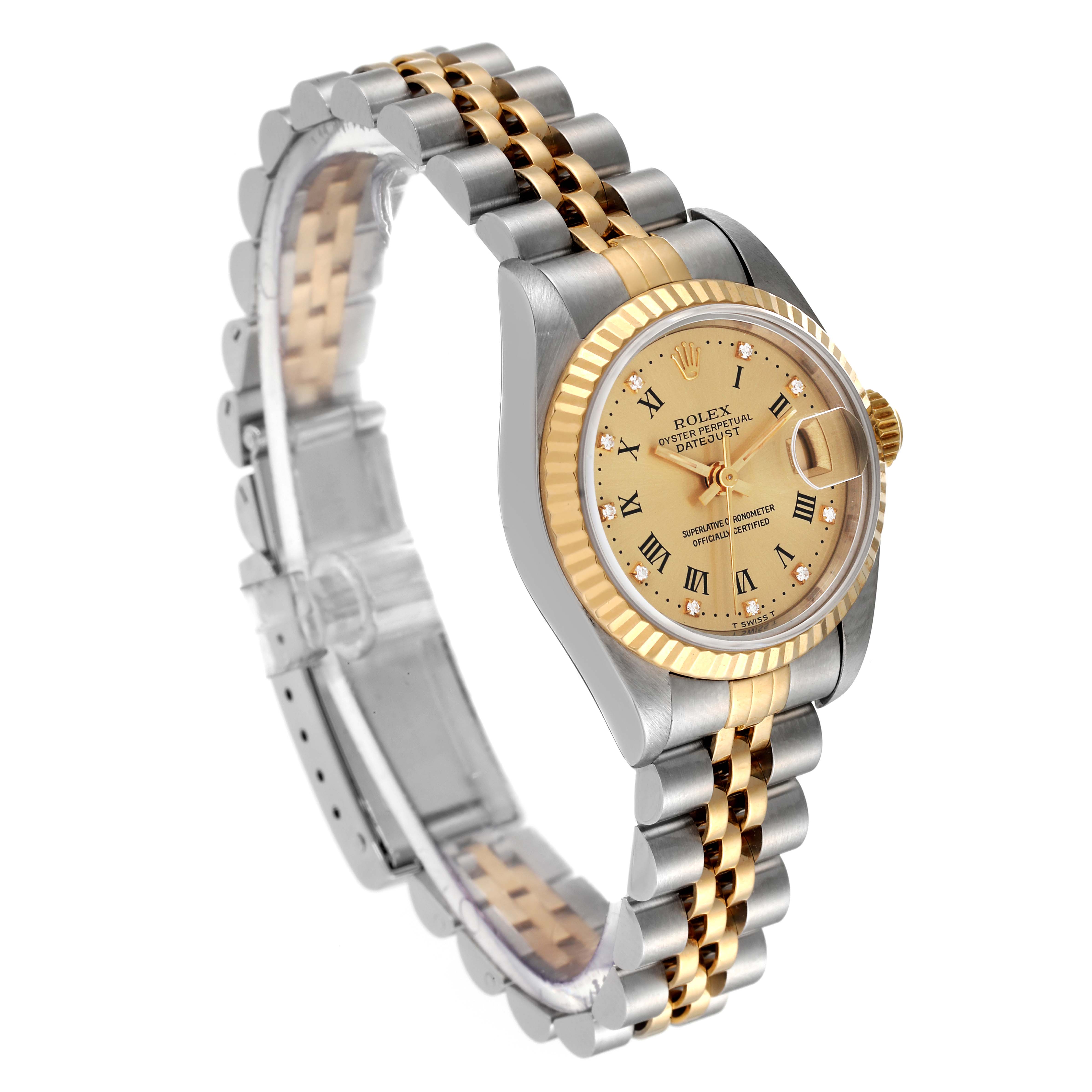 The image shows a Rolex Datejust 69173 Women's Steel and Gold (two tone) Champagne Dial 69173 Women's Steel and Gold (two tone) Champagne Dial watch at a slightly angled perspective, highlighting its gold and silver bracelet, bezel, and dial.