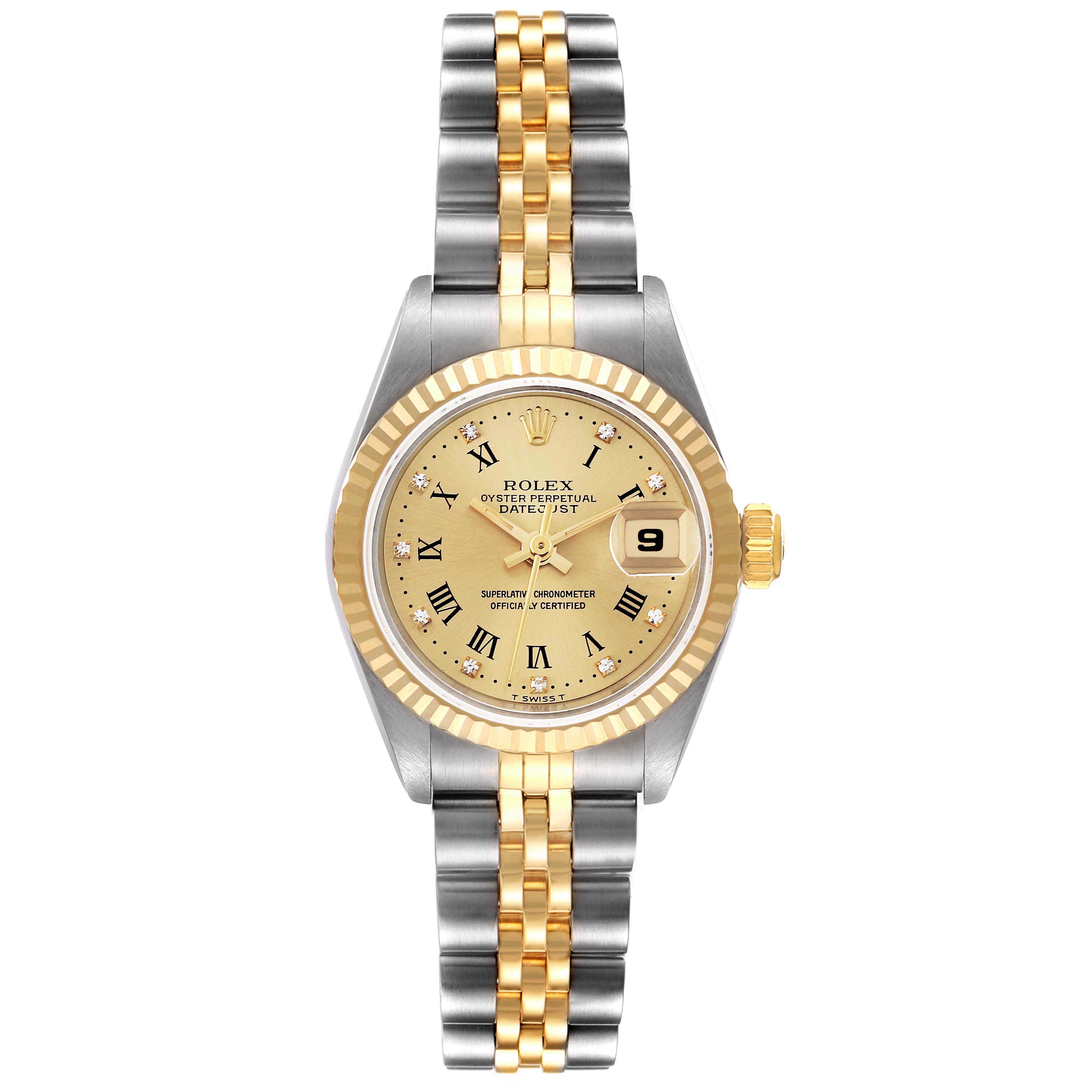 The image shows a front view of a Rolex Datejust 69173 Women's Steel and Gold (two tone) Champagne Dial 69173 Women's Steel and Gold (two tone) Champagne Dial watch, highlighting its two-tone bracelet and fluted gold bezel.