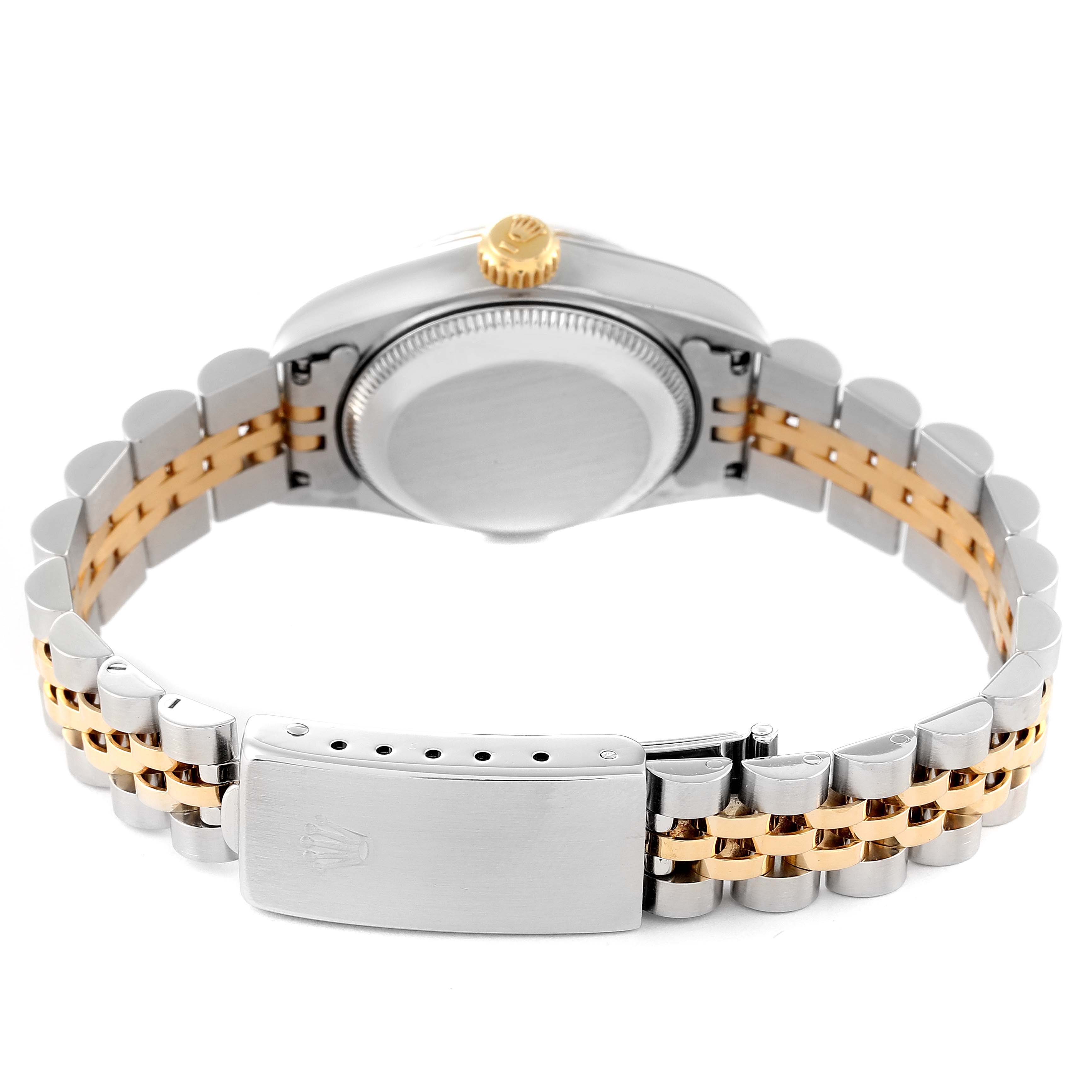 This image shows the back view of a Rolex Datejust 69173 Women's Steel and Gold (two tone) Champagne Dial 69173 Women's Steel and Gold (two tone) Champagne Dial watch, highlighting its case back and two-tone bracelet with clasp.