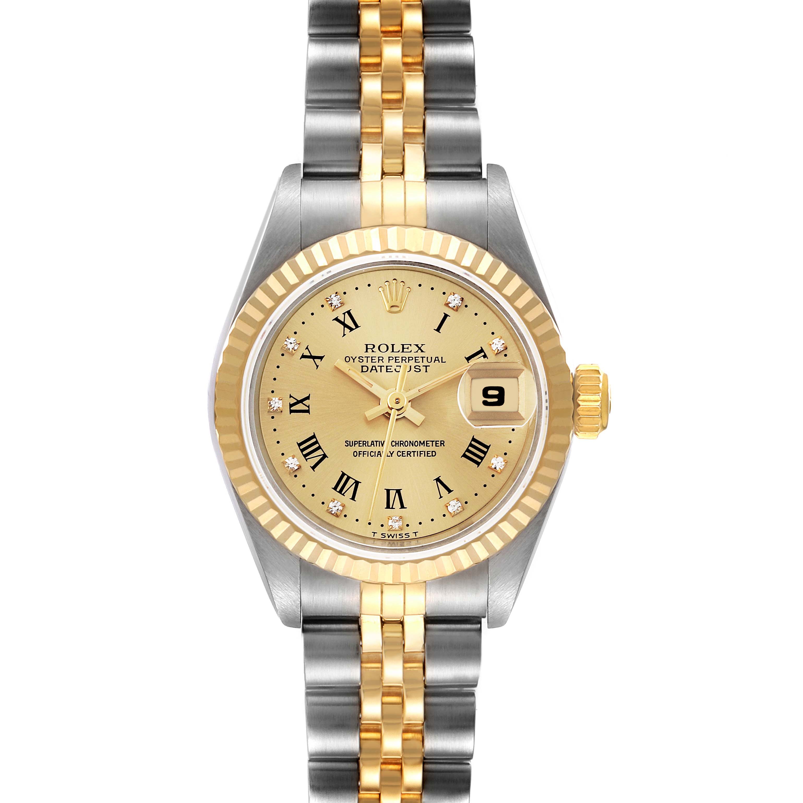 The image shows a front-facing Rolex Datejust 69173 Women's Steel and Gold (two tone) Champagne Dial 69173 Women's Steel and Gold (two tone) Champagne Dial watch highlighting its gold and silver bracelet, fluted bezel, and champagne dial with date display.