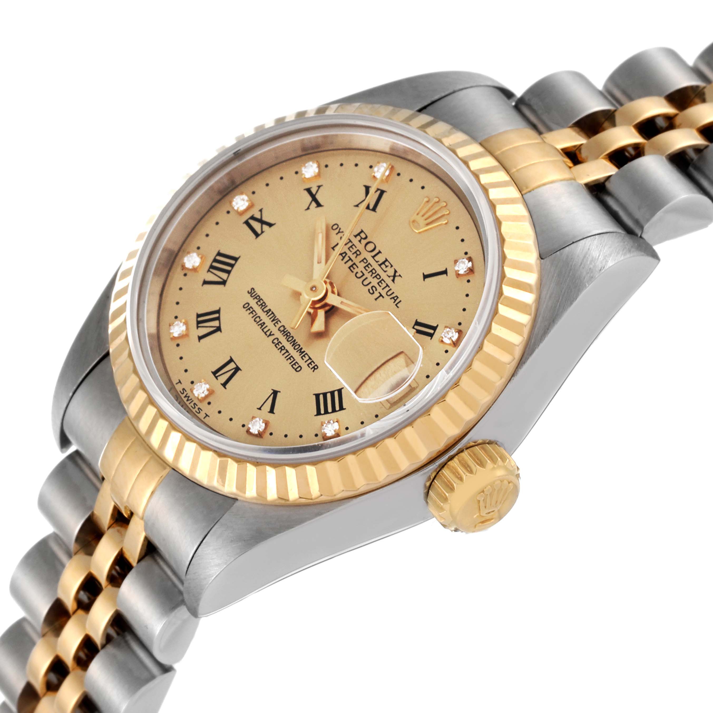 The image shows a close-up of the dial, bezel, and part of the bracelet of a Rolex Datejust 69173 Women's Steel and Gold (two tone) Champagne Dial 69173 Women's Steel and Gold (two tone) Champagne Dial watch.