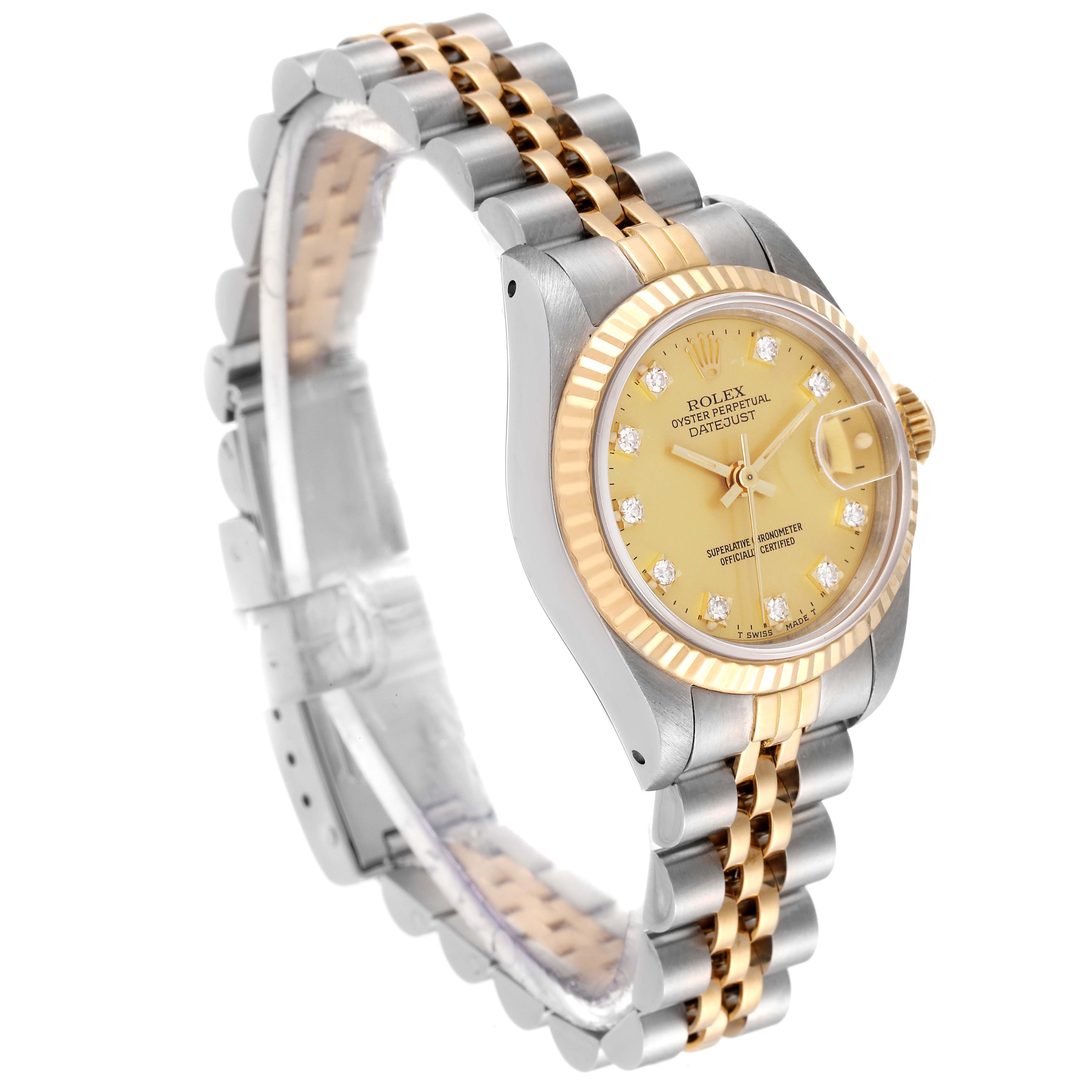 The Rolex Datejust 69173 Women's Steel and Gold (two tone) Champagne Dial 69173 Women's Steel and Gold (two tone) Champagne Dial watch is shown from an angled side view, displaying its two-tone bracelet, dial, and bezel.