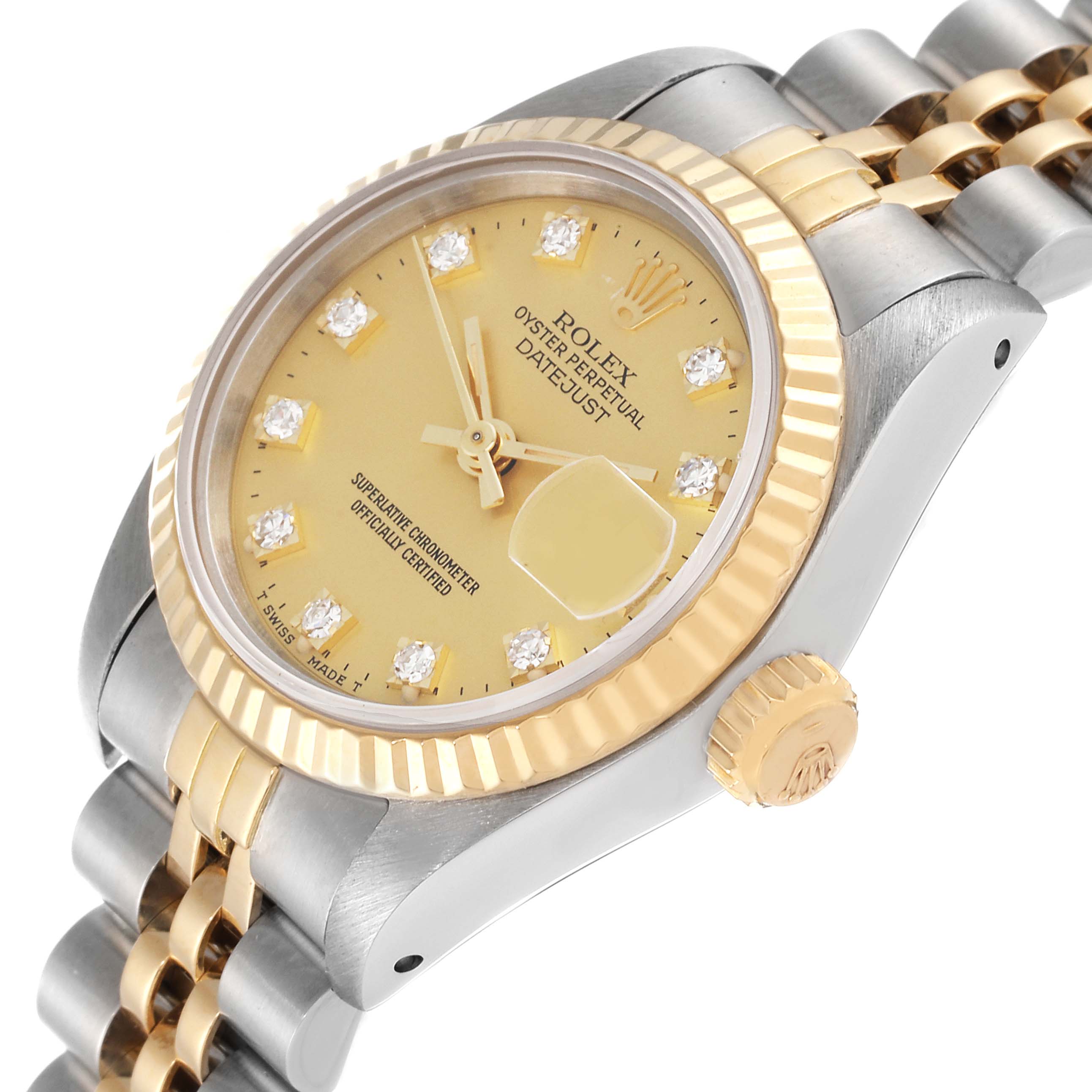 The image shows a close-up view of the Rolex Datejust 69173 Women's Steel and Gold (two tone) Champagne Dial 69173 Women's Steel and Gold (two tone) Champagne Dial watch at an angle highlighting its dial, fluted bezel, crown, and jubilee bracelet.