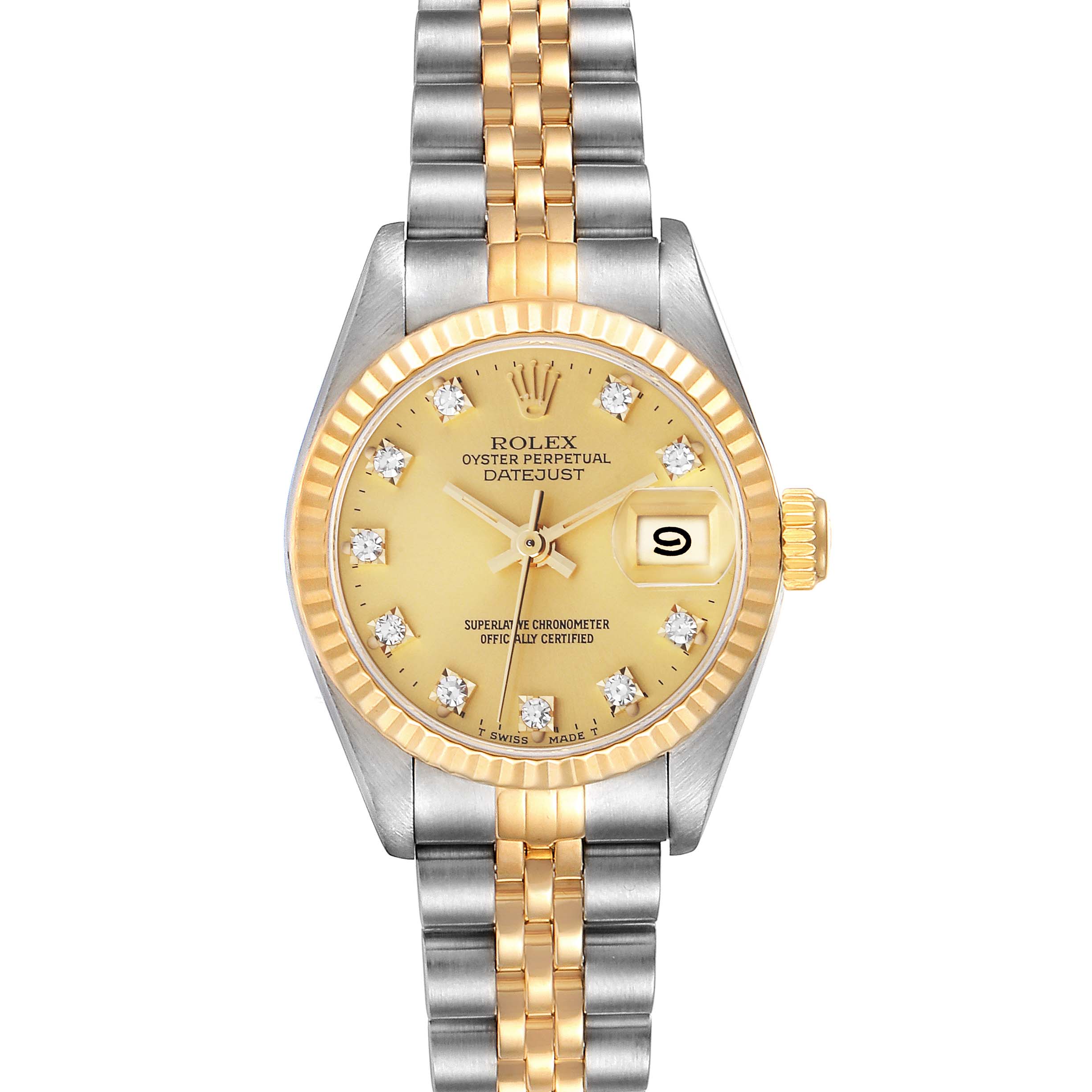 The image shows a Rolex Datejust 69173 Women's Steel and Gold (two tone) Champagne Dial 69173 Women's Steel and Gold (two tone) Champagne Dial watch from a top-down angle, featuring the dial, bracelet, and bezel.