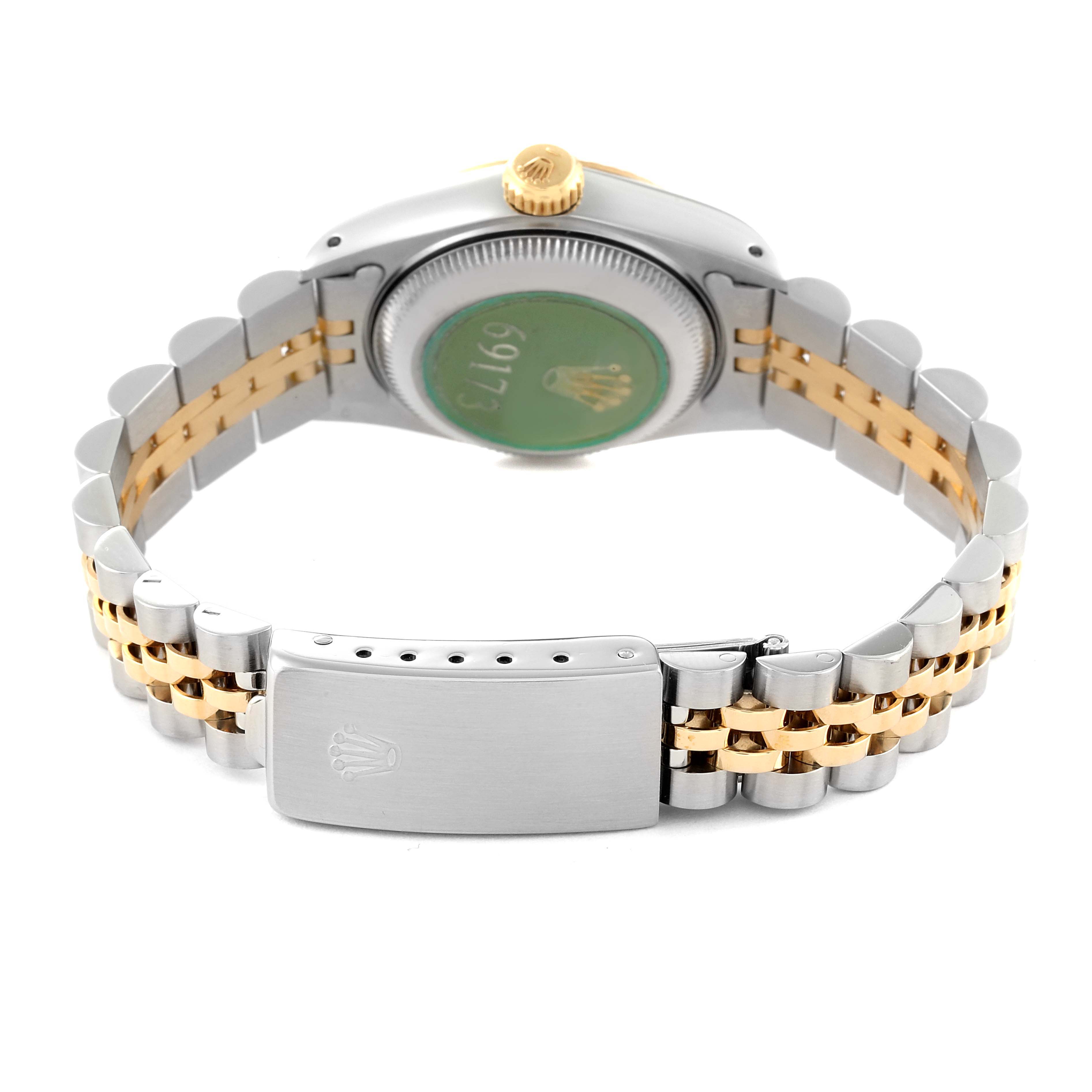 This image shows the back angle of the Rolex Datejust 69173 Women's Steel and Gold (two tone) Champagne Dial 69173 Women's Steel and Gold (two tone) Champagne Dial watch, highlighting the case back and two-tone bracelet with clasp.