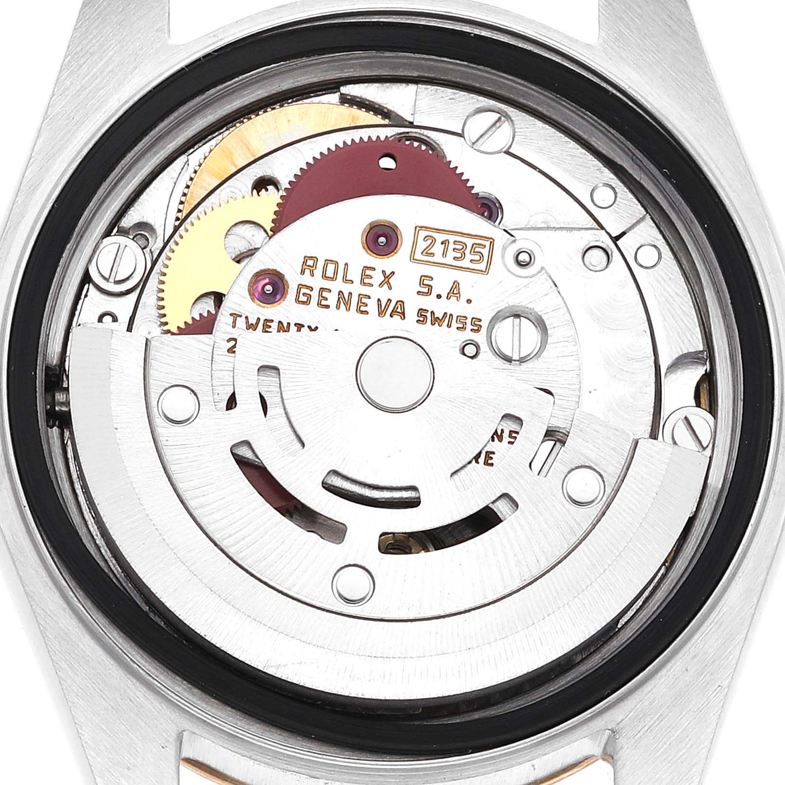 The image shows the movement mechanism of a Rolex Datejust 69173 Women's Steel and Gold (two tone) Champagne Dial 69173 Women's Steel and Gold (two tone) Champagne Dial watch from a back angle, revealing gears and oscillating weight.