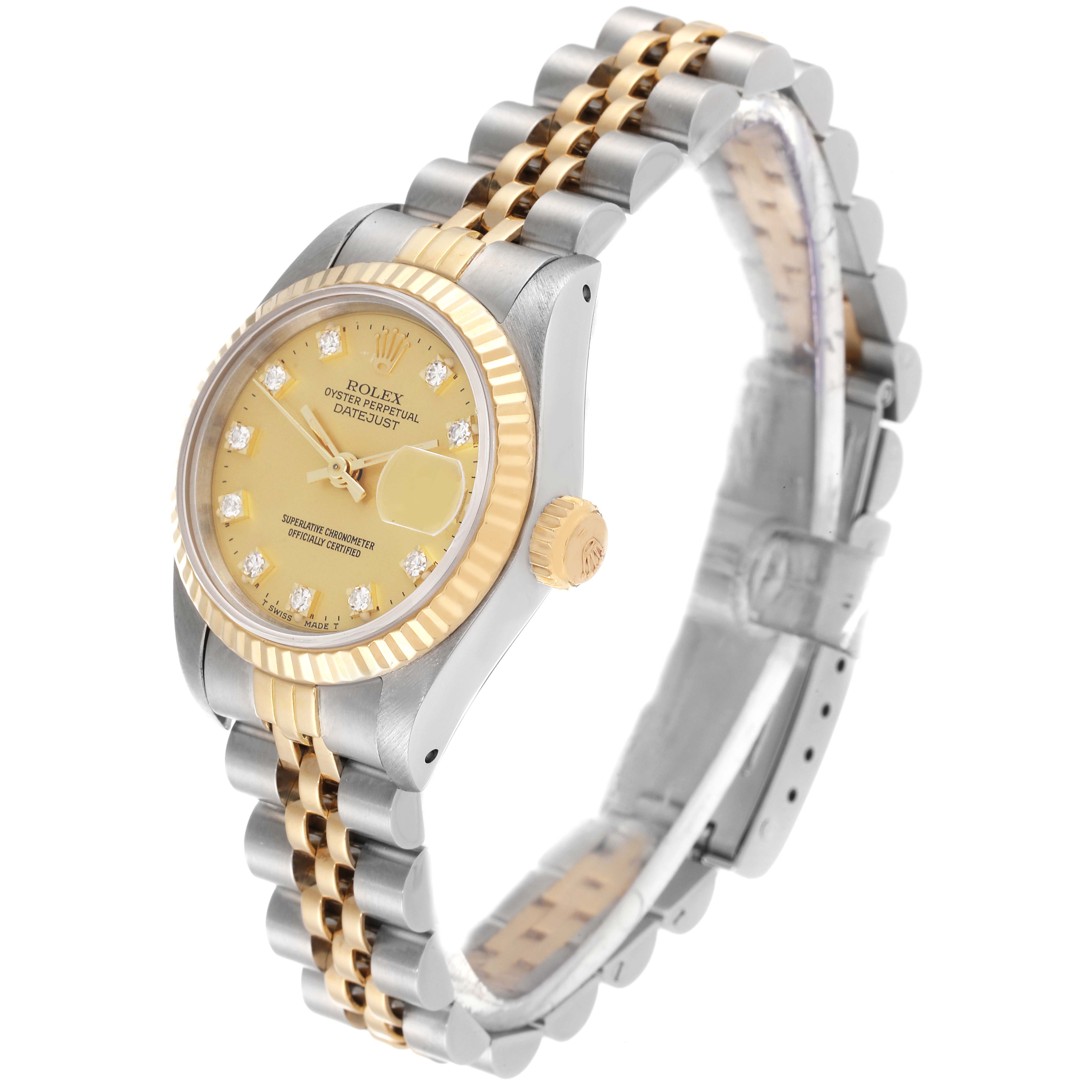 This image shows the side and front angle of a Rolex Datejust 69173 Women's Steel and Gold (two tone) Champagne Dial 69173 Women's Steel and Gold (two tone) Champagne Dial watch, displaying the face, bezel, crown, and bracelet.
