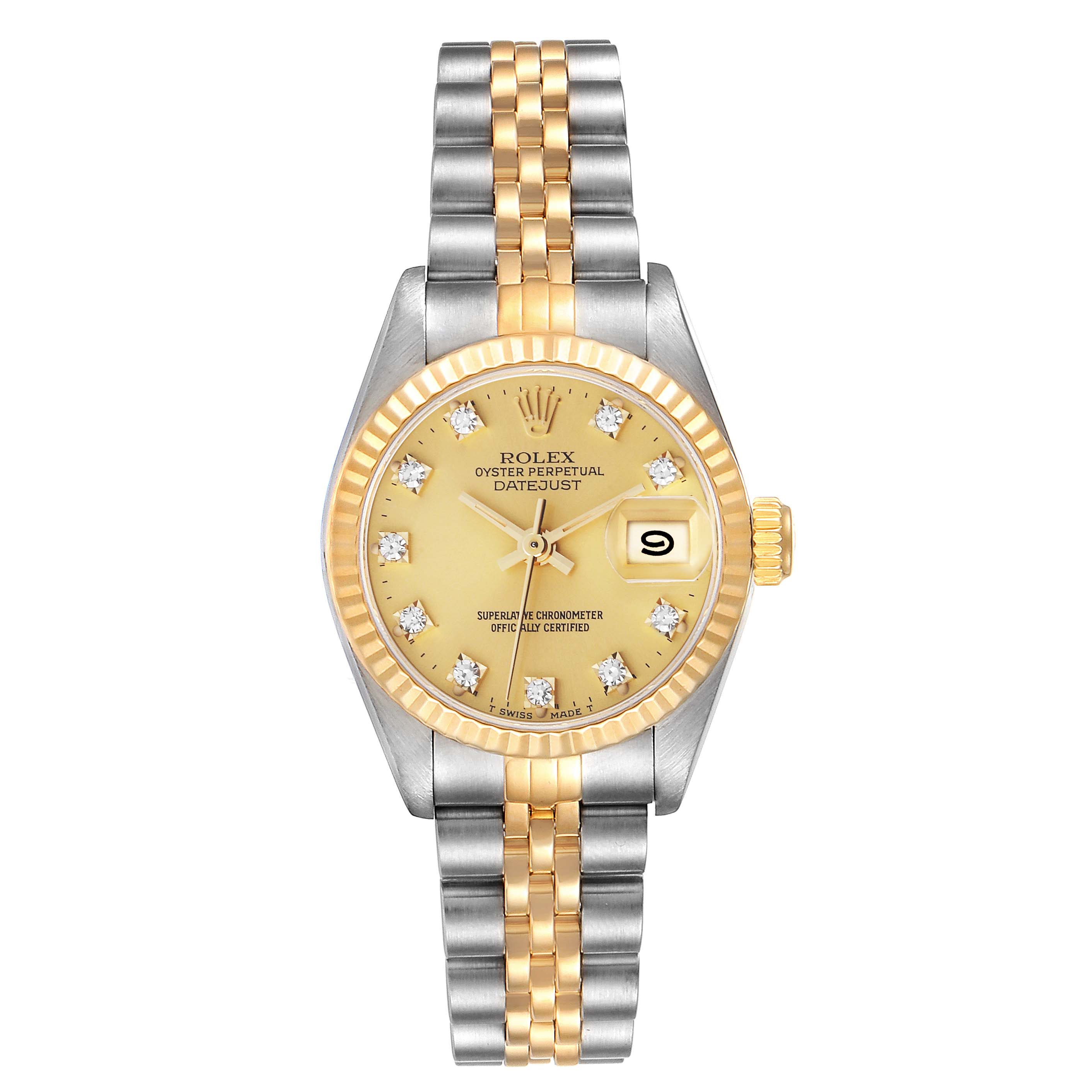 This image shows a frontal view of the Rolex Datejust 69173 Women's Steel and Gold (two tone) Champagne Dial 69173 Women's Steel and Gold (two tone) Champagne Dial watch, highlighting its dial, bezel, and two-tone bracelet.