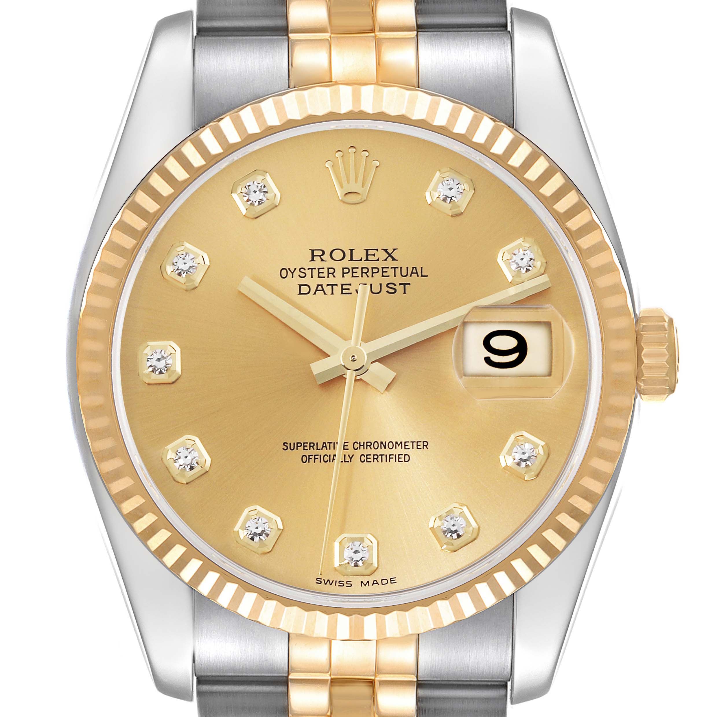 This image shows a close-up of the Rolex Datejust 116233 Men's Steel and Gold (two tone) Champagne Dial 116233 Men's Steel and Gold (two tone) Champagne Dial watch face, featuring a gold dial, diamond hour markers, and a two-tone metal band.