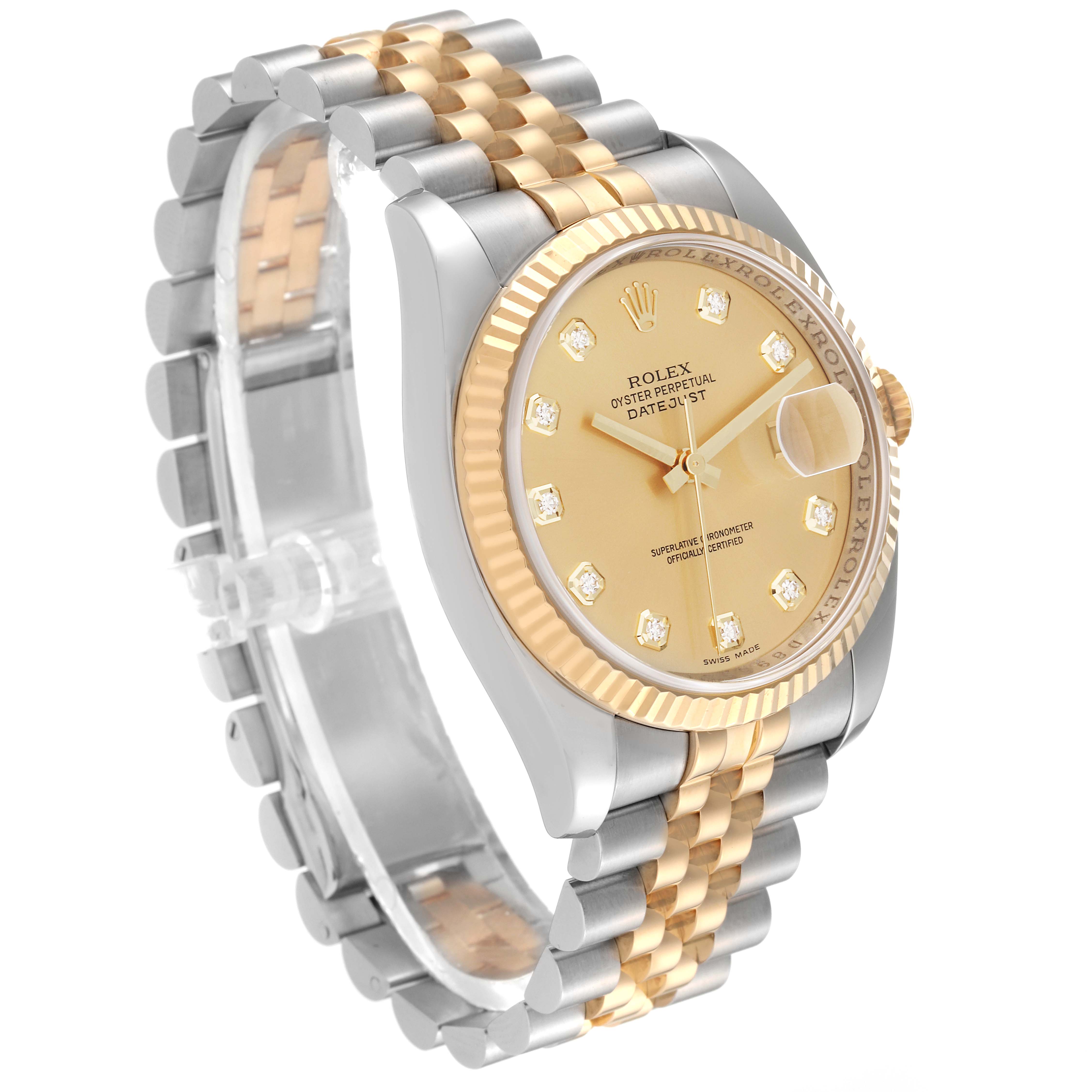 The Rolex Datejust 116233 Men's Steel and Gold (two tone) Champagne Dial 116233 Men's Steel and Gold (two tone) Champagne Dial watch is shown at an angled view, displaying the face, bezel, and bracelet.
