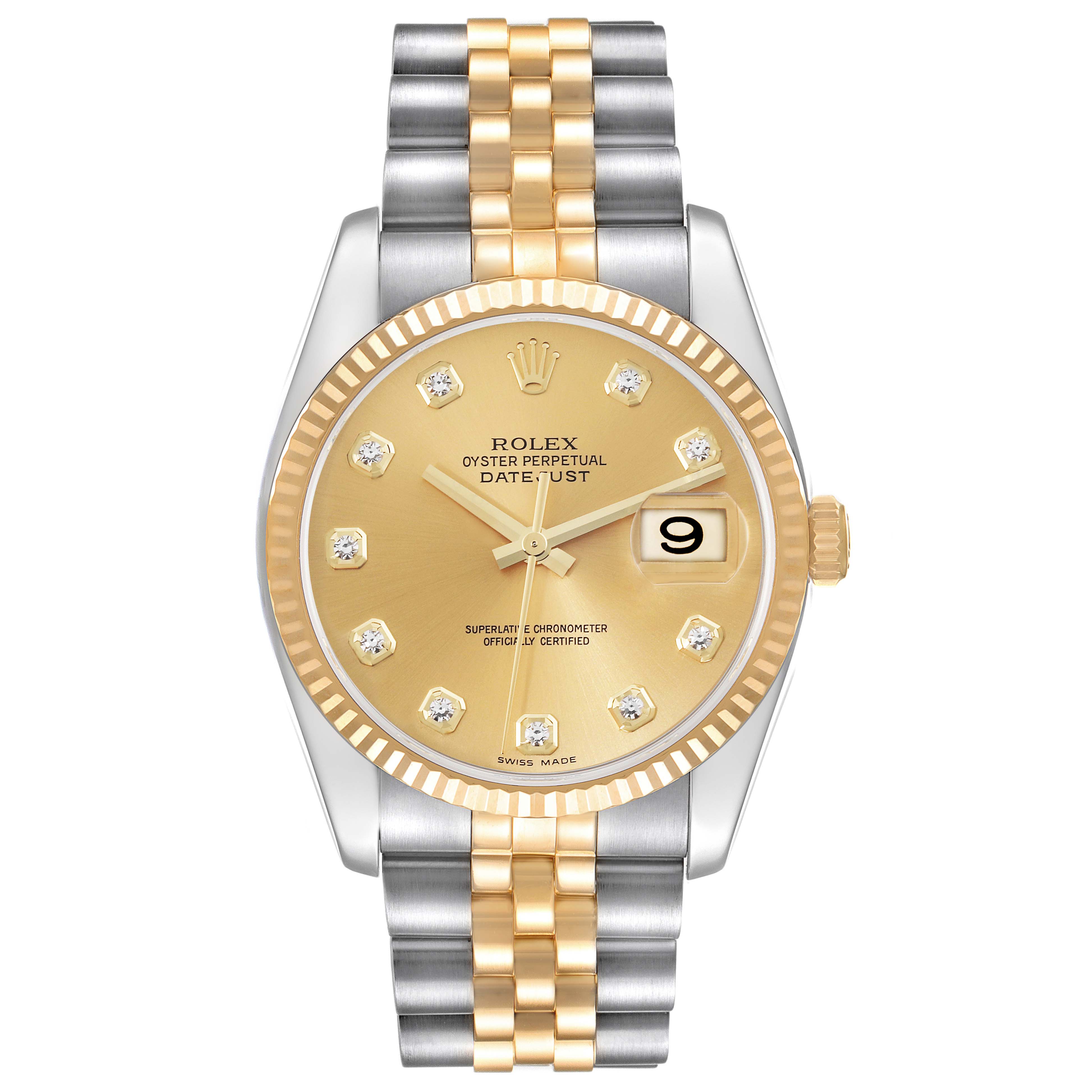 This image shows a Rolex Datejust 116233 Men's Steel and Gold (two tone) Champagne Dial 116233 Men's Steel and Gold (two tone) Champagne Dial watch from a direct front angle, highlighting the dial, bezel, and bracelet.