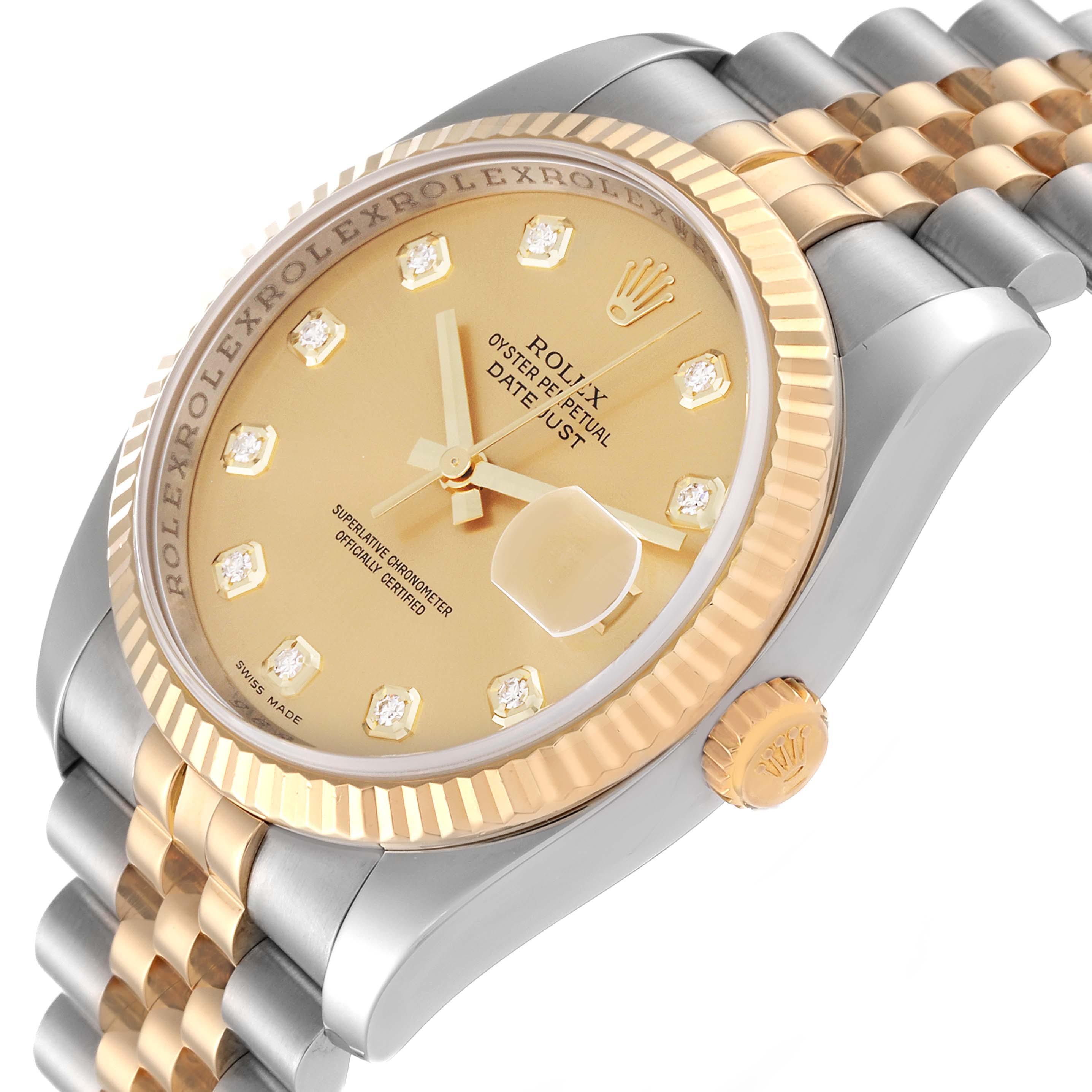 The Rolex Datejust 116233 Men's Steel and Gold (two tone) Champagne Dial 116233 Men's Steel and Gold (two tone) Champagne Dial watch is shown at a slight angle, displaying the face, bezel, crown, and part of the two-tone bracelet.