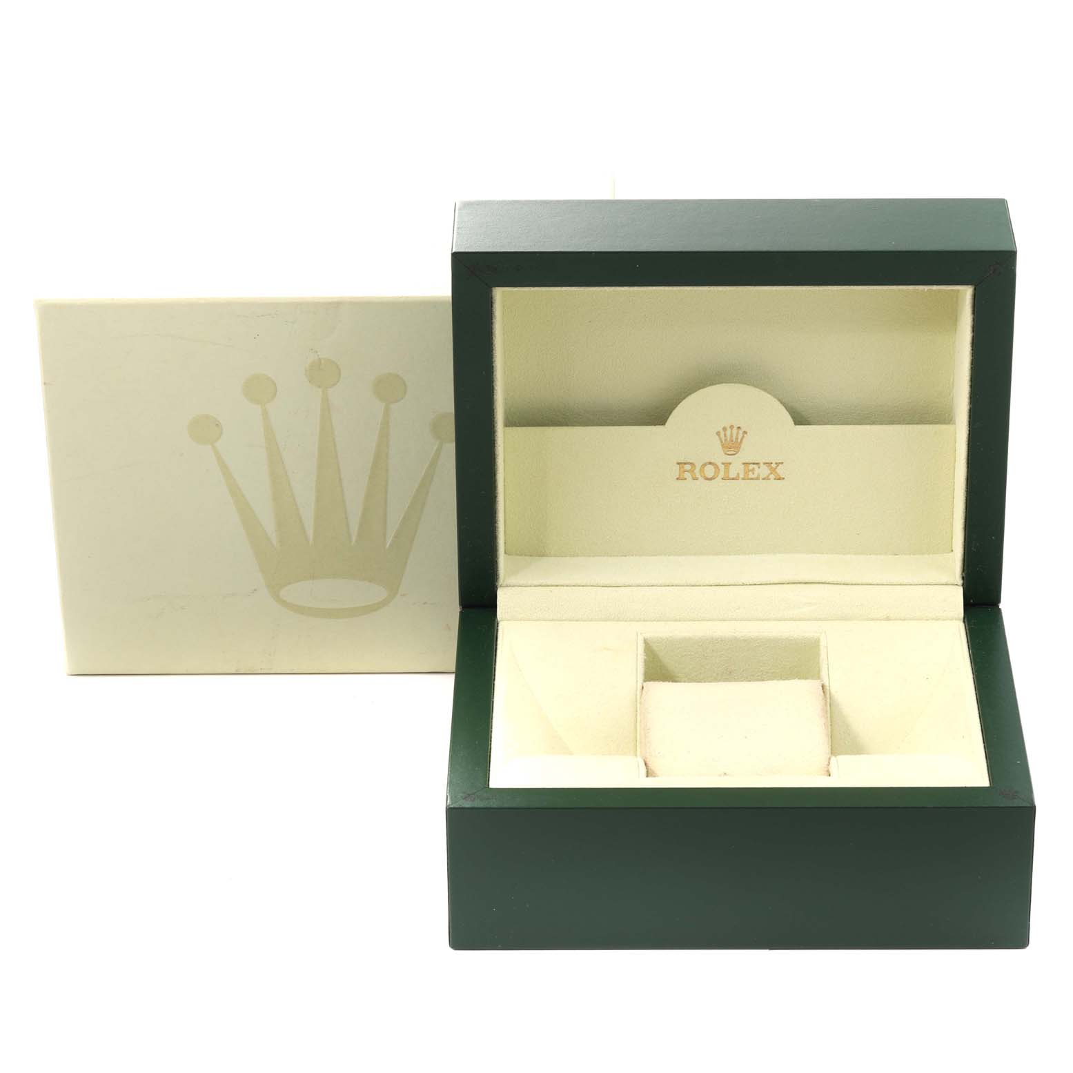 This image shows an empty Rolex Datejust 116233 Men's Steel and Gold (two tone) Champagne Dial 116233 Men's Steel and Gold (two tone) Champagne Dial watch box and a matching outer case from a frontal angle.