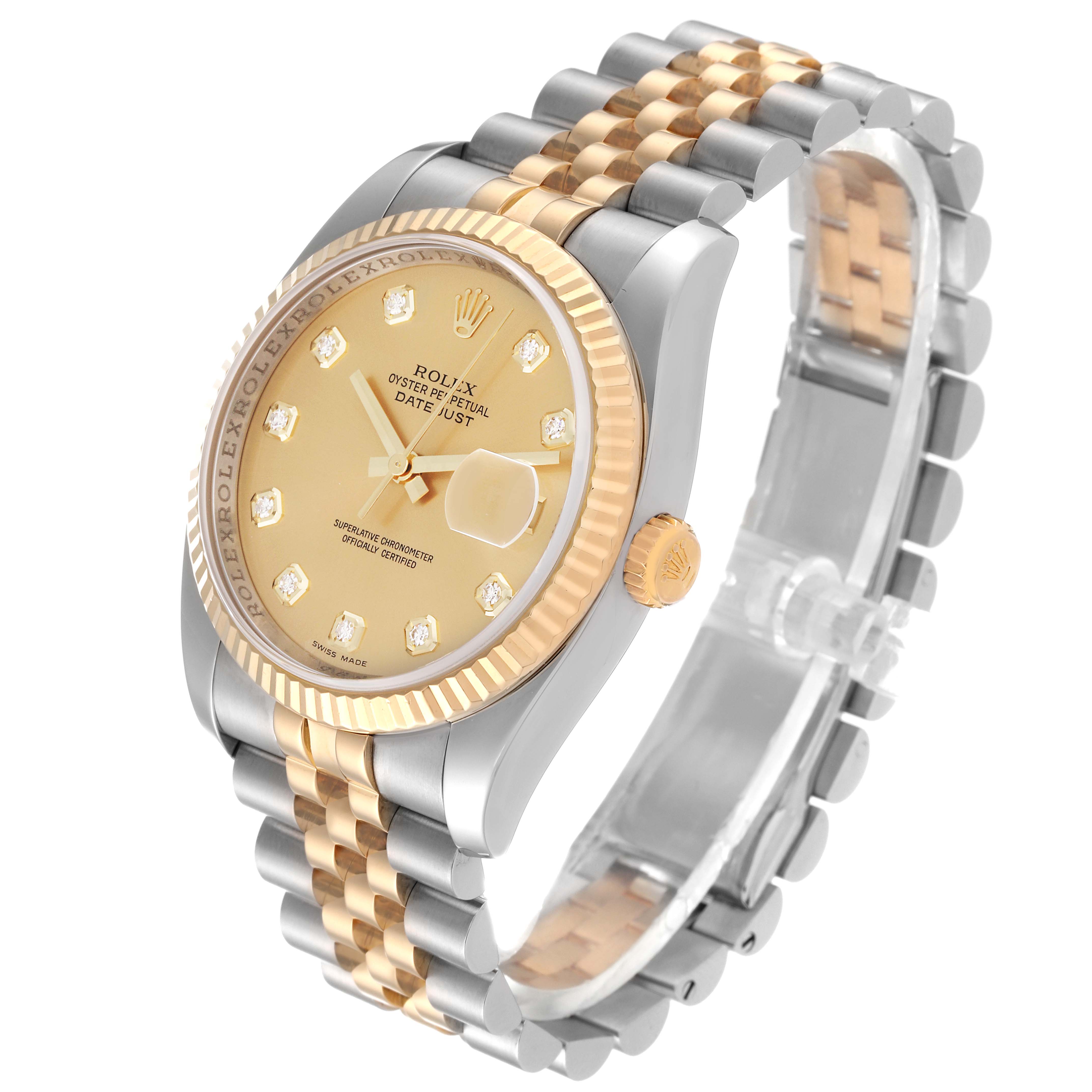 This image shows a Rolex Datejust 116233 Men's Steel and Gold (two tone) Champagne Dial 116233 Men's Steel and Gold (two tone) Champagne Dial model watch at a three-quarter angle, highlighting the dial, bezel, crown, and bracelet.