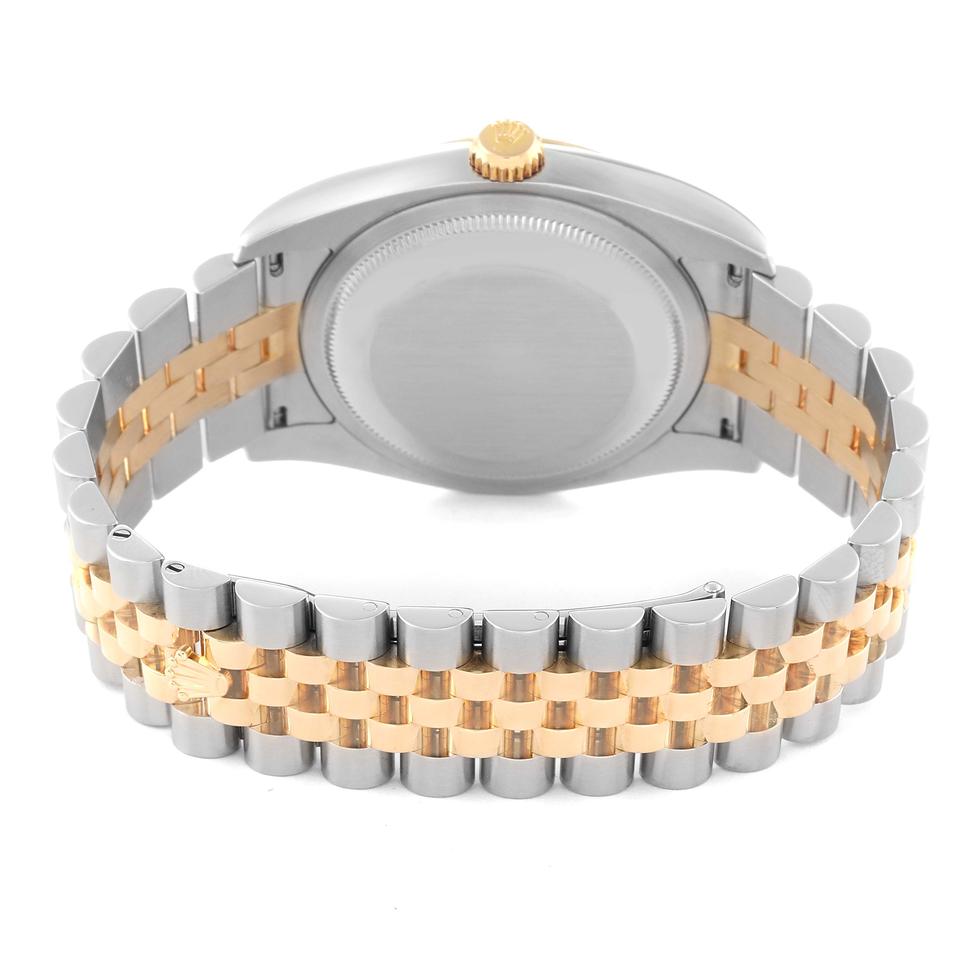The image shows a rear view of a Rolex Datejust 116233 Men's Steel and Gold (two tone) Champagne Dial 116233 Men's Steel and Gold (two tone) Champagne Dial watch, focusing on its case back and two-tone bracelet.