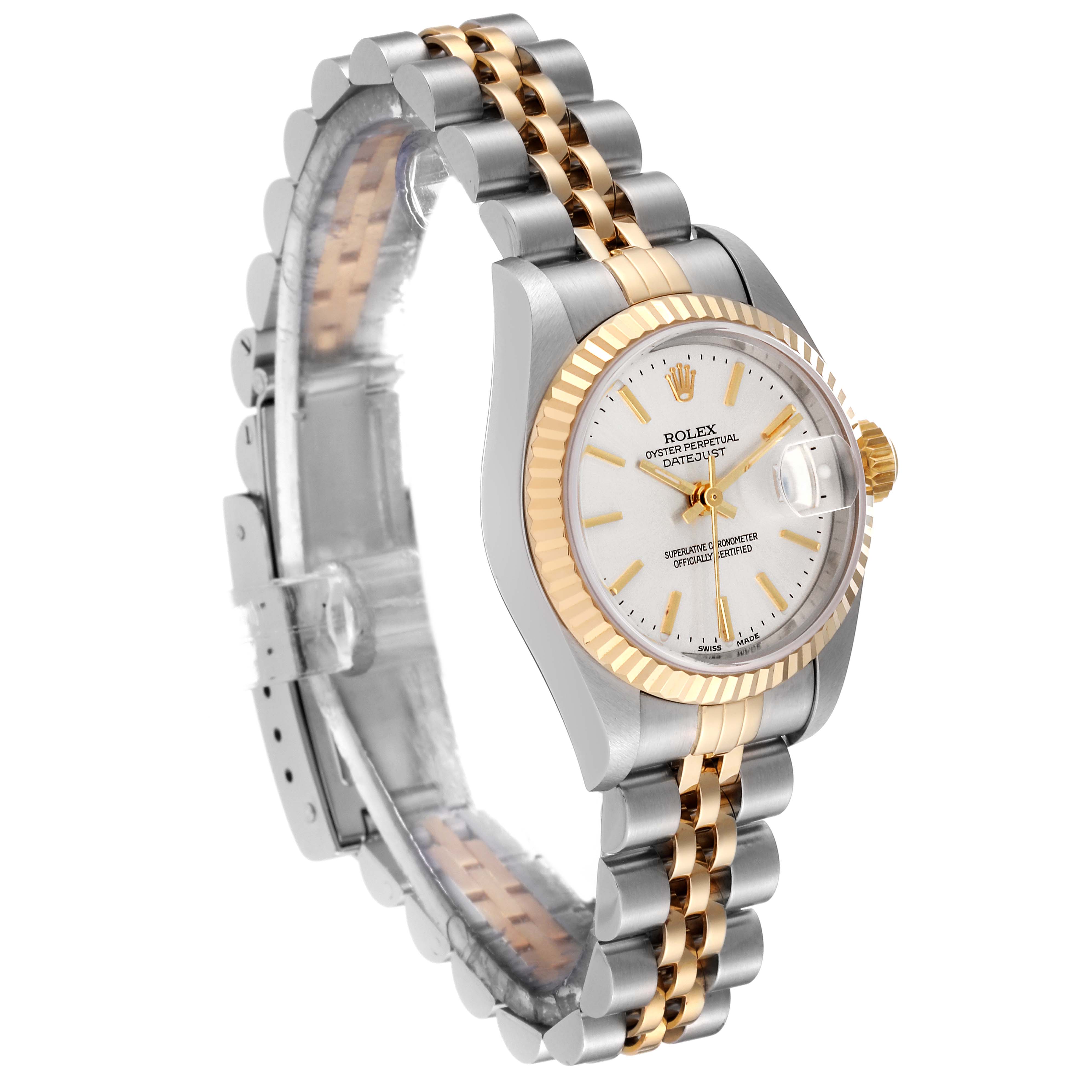 This image shows a Rolex Datejust 79173 Women's Steel and Gold (two tone) Silver Dial 79173 Women's Steel and Gold (two tone) Silver Dial watch from a side angle, highlighting the dial, bezel, crown, and two-tone bracelet.