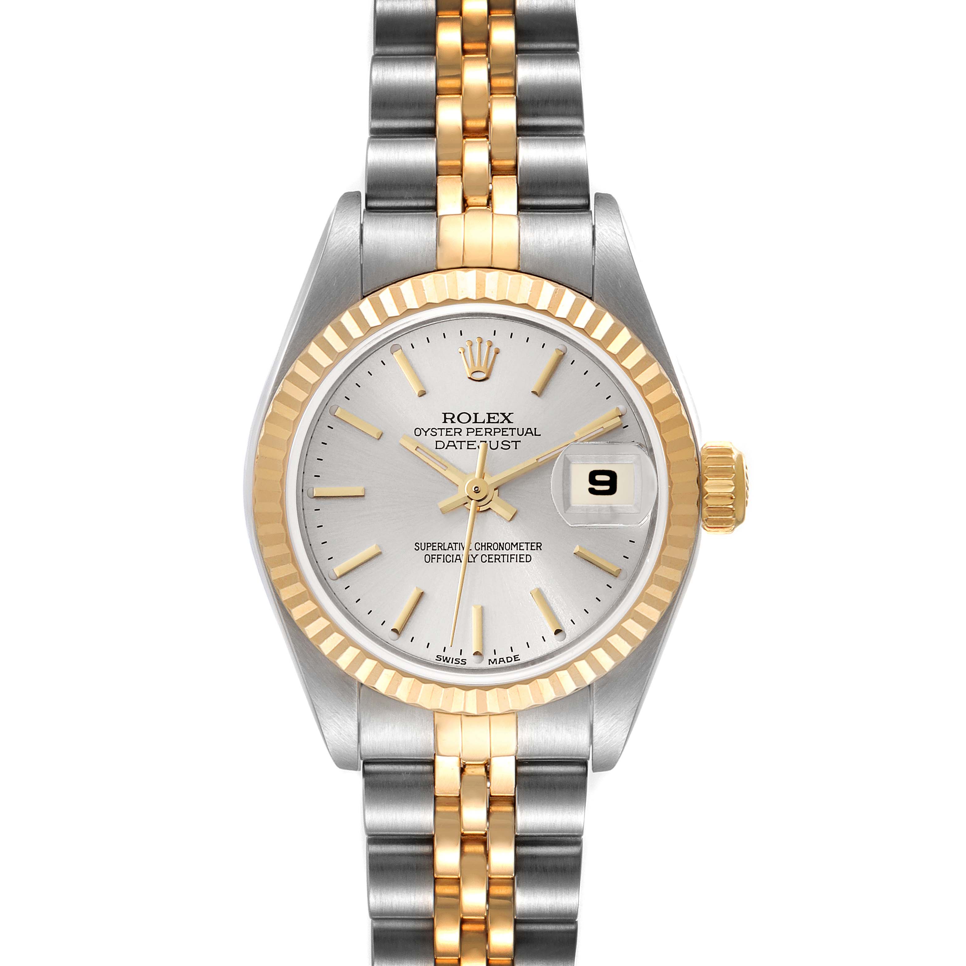 The image shows a front view of a Rolex Datejust 79173 Women's Steel and Gold (two tone) Silver Dial 79173 Women's Steel and Gold (two tone) Silver Dial watch, featuring its silver dial, gold fluted bezel, and two-tone bracelet.