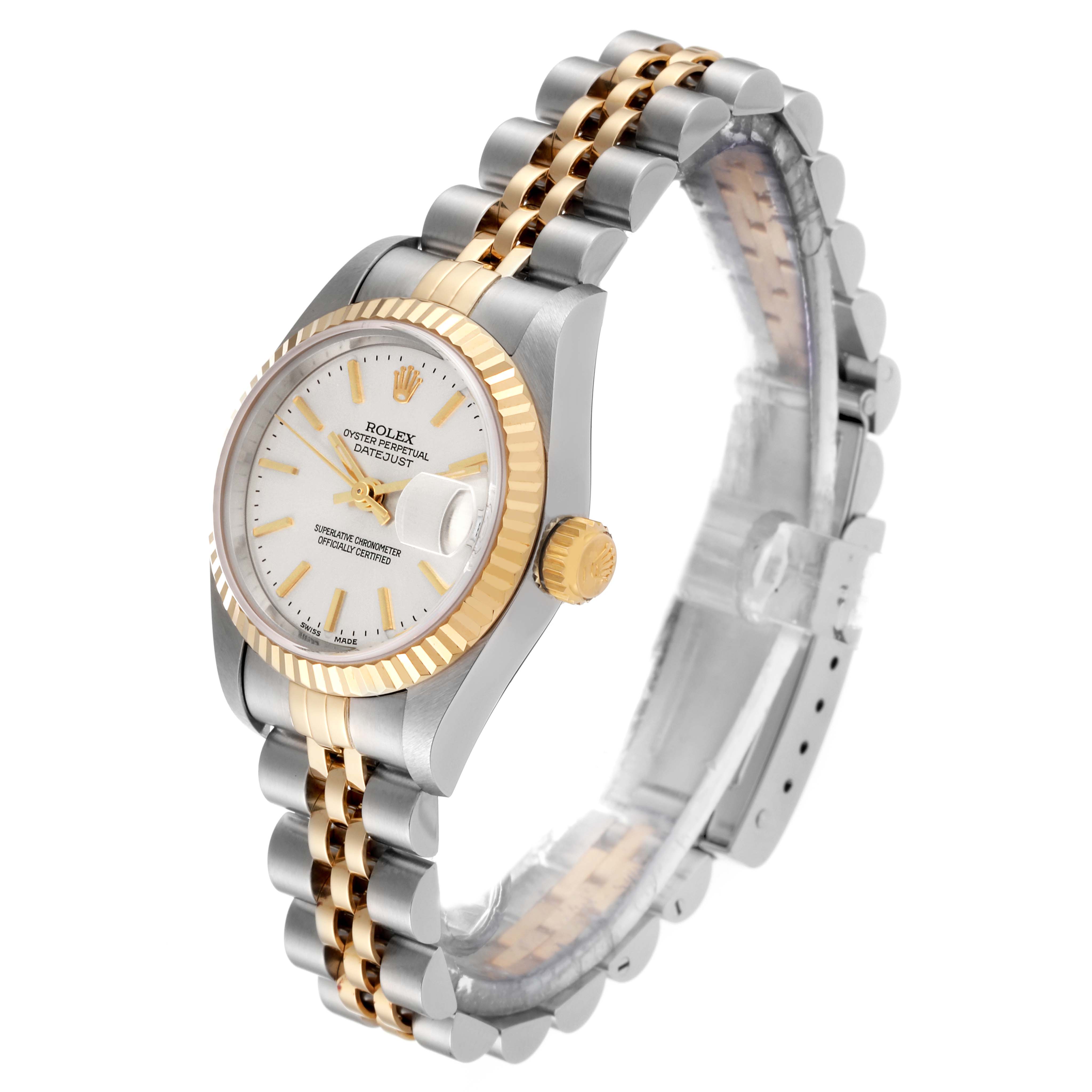 The Rolex Datejust 79173 Women's Steel and Gold (two tone) Silver Dial 79173 Women's Steel and Gold (two tone) Silver Dial watch is shown at a three-quarter angle displaying the face, bezel, crown, and two-tone bracelet.