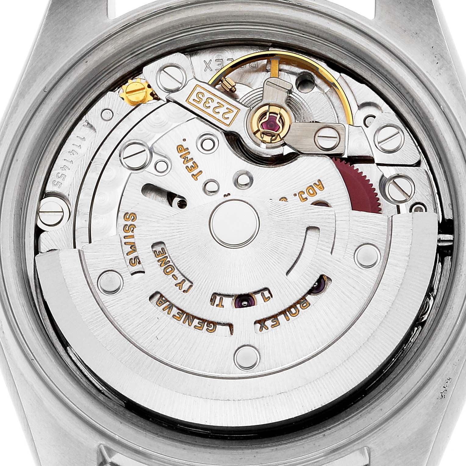 This image shows the movement mechanism of a Rolex Datejust 79173 Women's Steel and Gold (two tone) Silver Dial 79173 Women's Steel and Gold (two tone) Silver Dial watch from a top-down angle.
