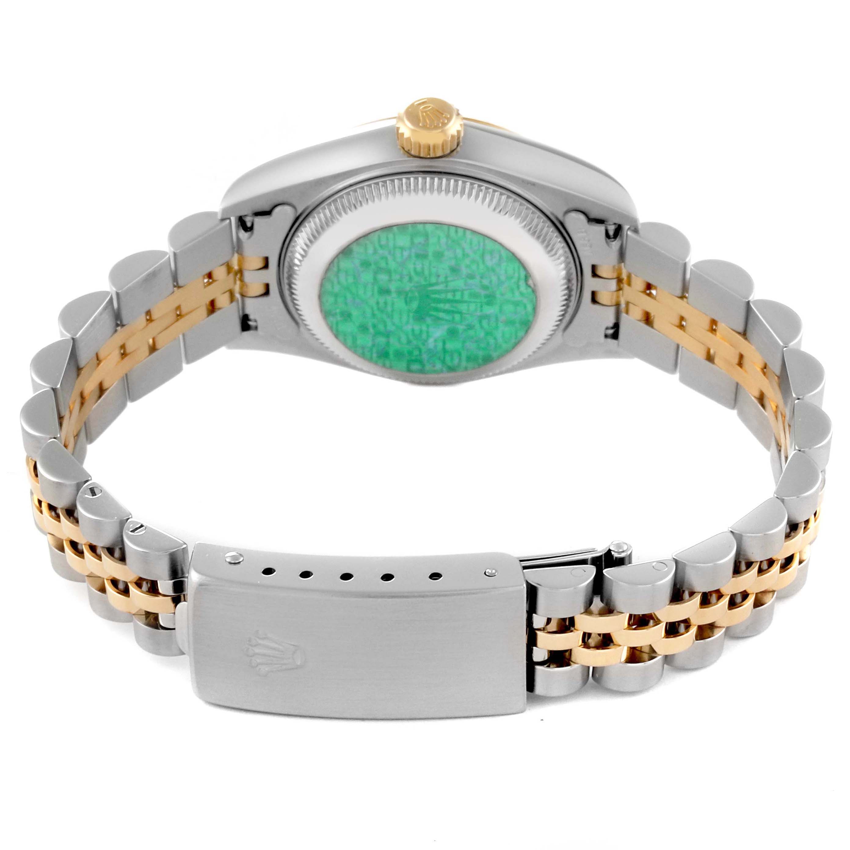 The image shows the back view of a Rolex Datejust 79173 Women's Steel and Gold (two tone) Silver Dial 79173 Women's Steel and Gold (two tone) Silver Dial watch, highlighting the case back, bracelet, and clasp.