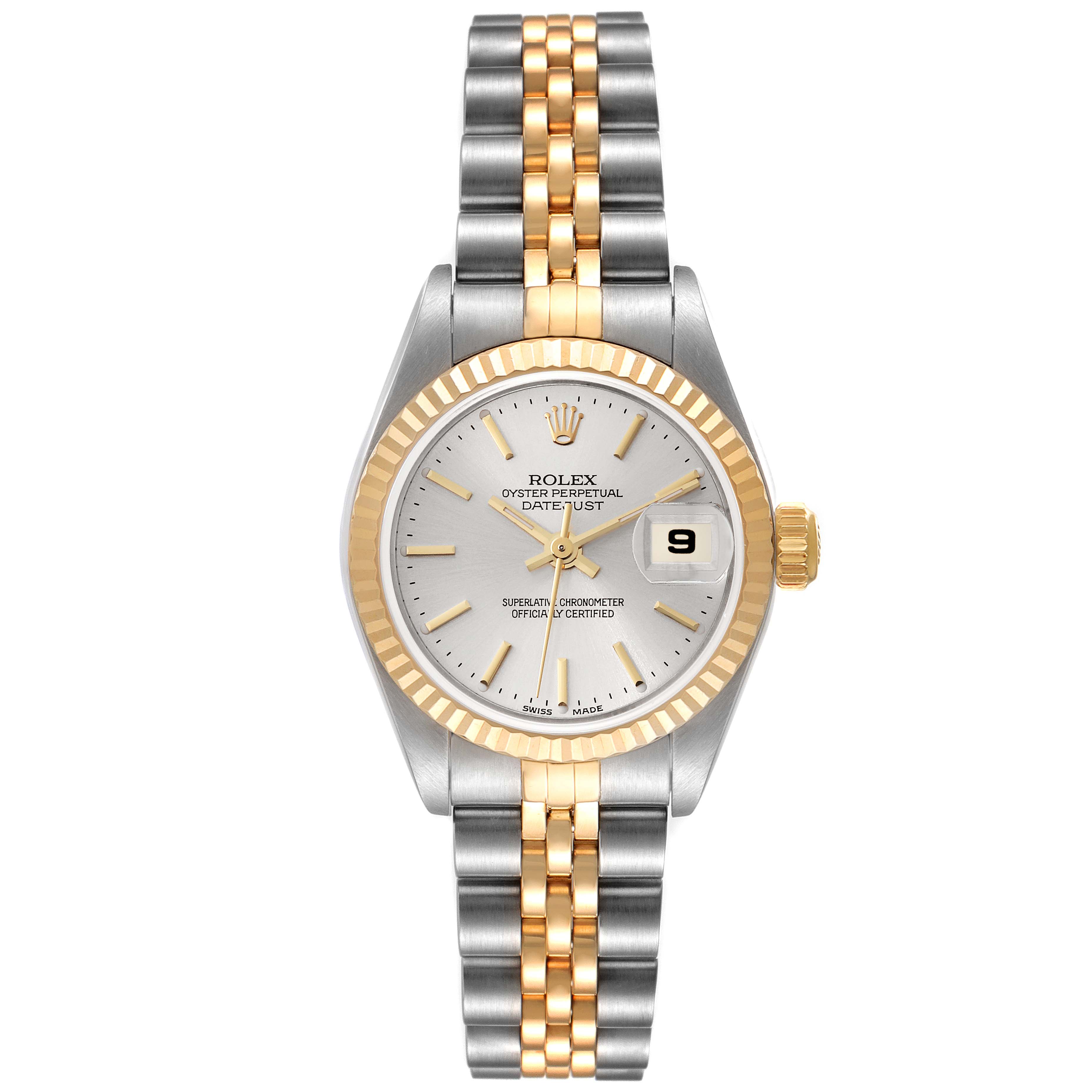 This image shows a Rolex Datejust 79173 Women's Steel and Gold (two tone) Silver Dial 79173 Women's Steel and Gold (two tone) Silver Dial watch from a front angle, displaying its face, bezel, and two-tone Jubilee bracelet.