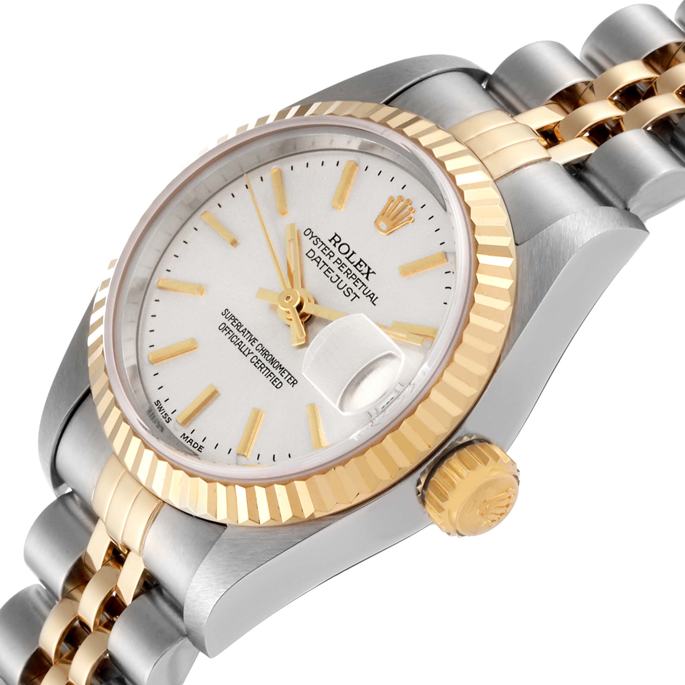 This image shows a close-up angle of a Rolex Datejust 79173 Women's Steel and Gold (two tone) Silver Dial 79173 Women's Steel and Gold (two tone) Silver Dial watch, highlighting the dial, bezel, crown, and part of the bracelet.