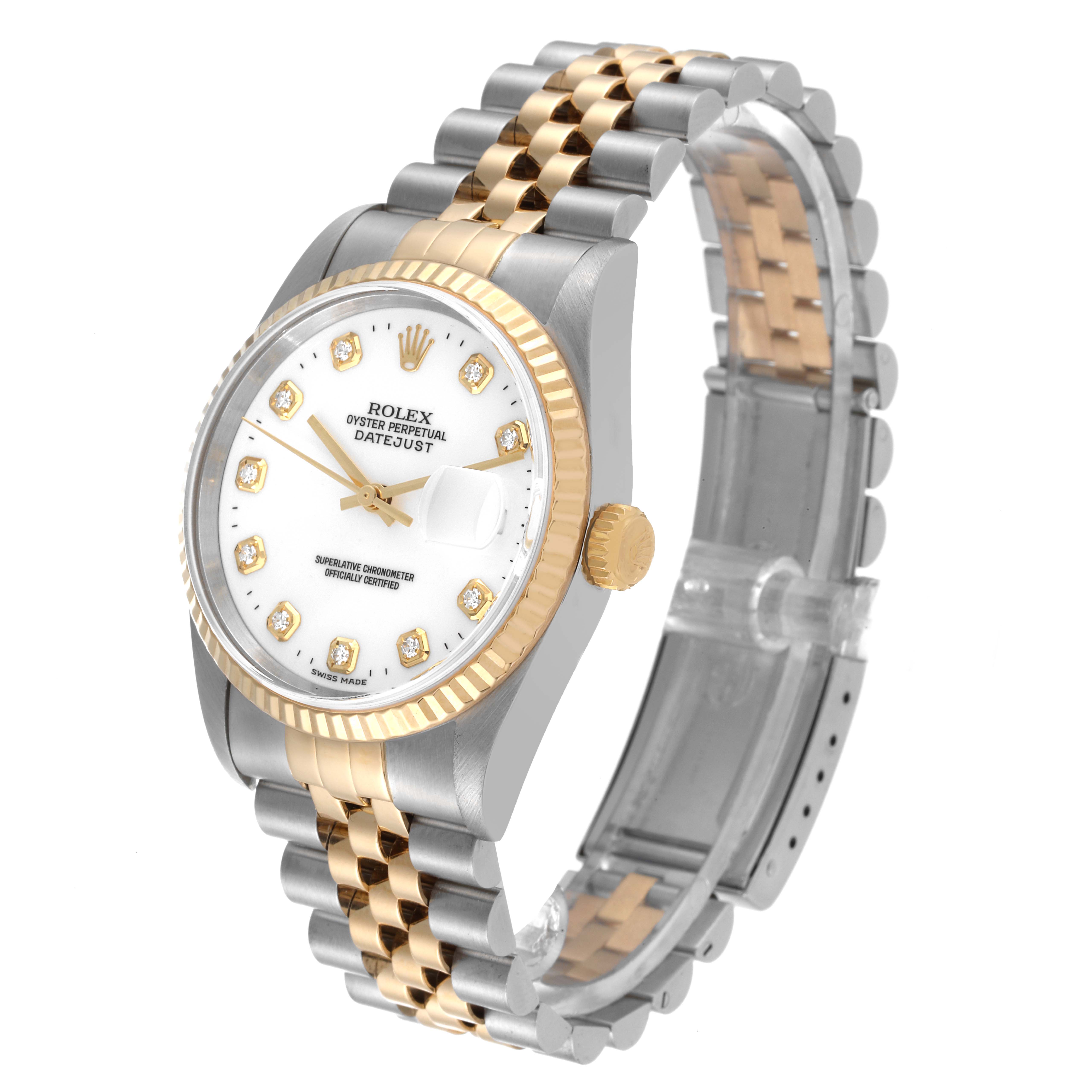 This image shows a Rolex Datejust 16233 Men's Steel and Gold (two tone) White Dial 16233 Men's Steel and Gold (two tone) White Dial watch from an angle highlighting the face, bezel, crown, and the Jubilee bracelet.