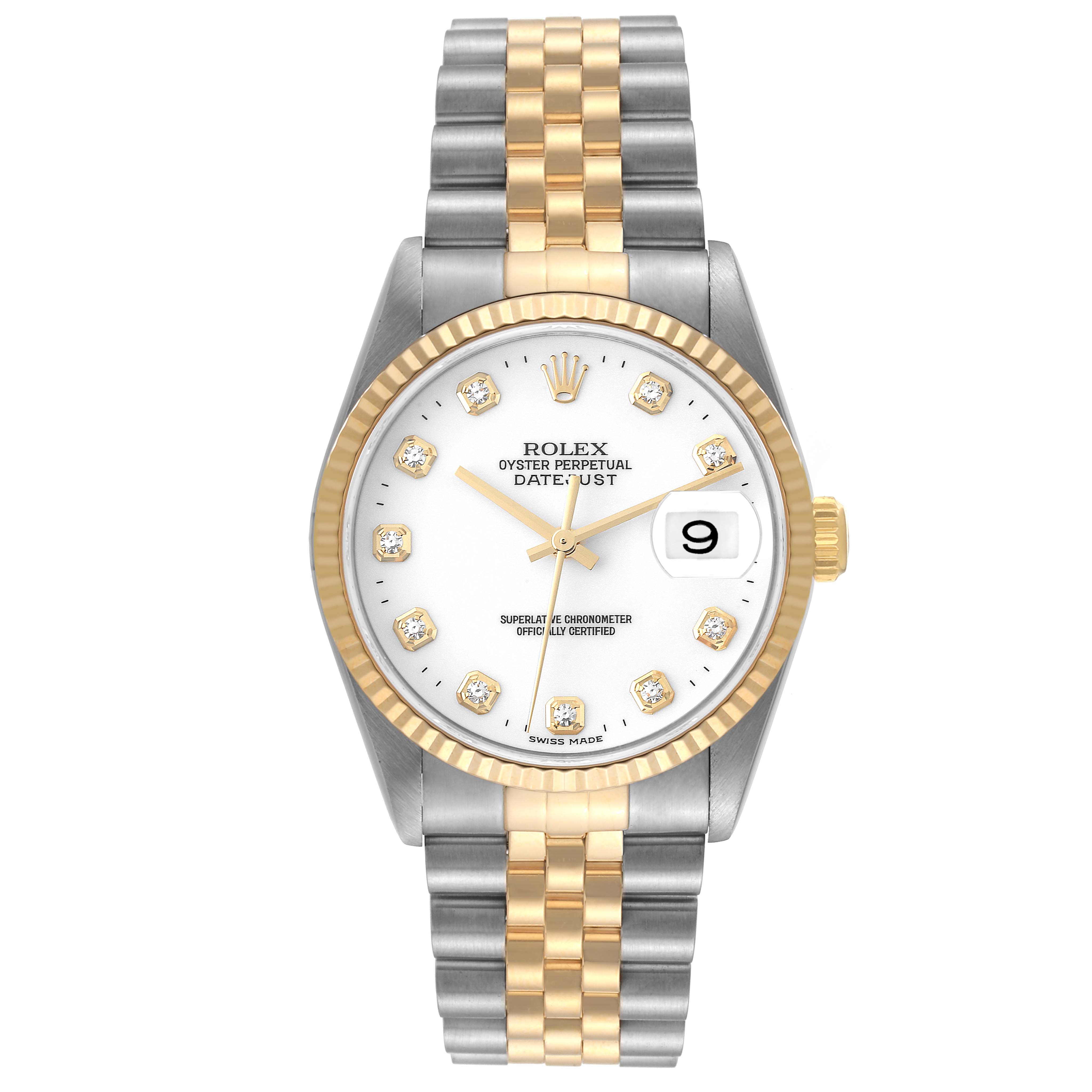 The image shows a front view of a Rolex Datejust 16233 Men's Steel and Gold (two tone) White Dial 16233 Men's Steel and Gold (two tone) White Dial watch, displaying its gold and silver bracelet and white dial with diamond hour markers.