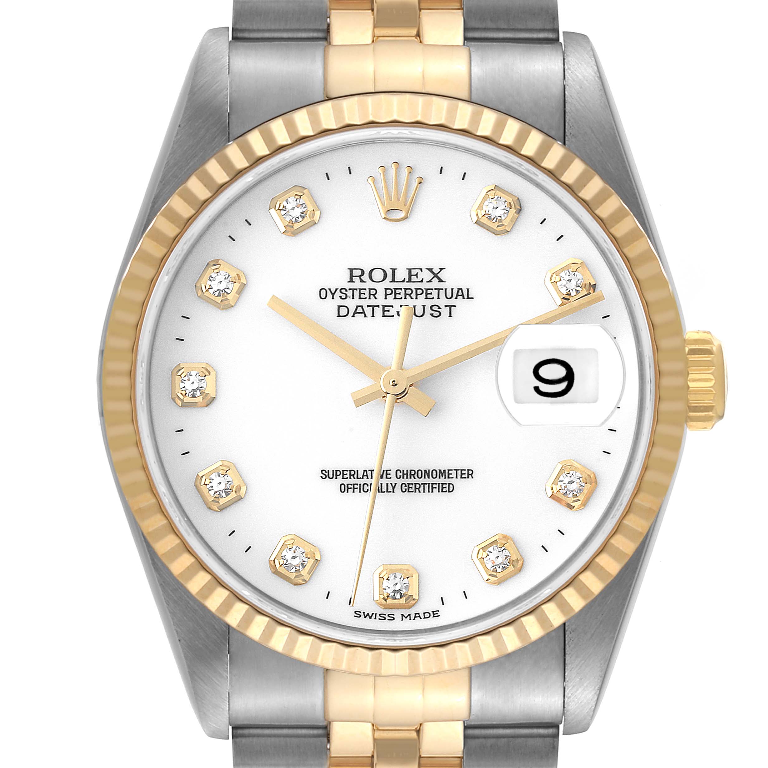 The image shows a front view of a Rolex Datejust 16233 Men's Steel and Gold (two tone) White Dial 16233 Men's Steel and Gold (two tone) White Dial watch, highlighting its dial, bezel, hour markers, hands, and crown.