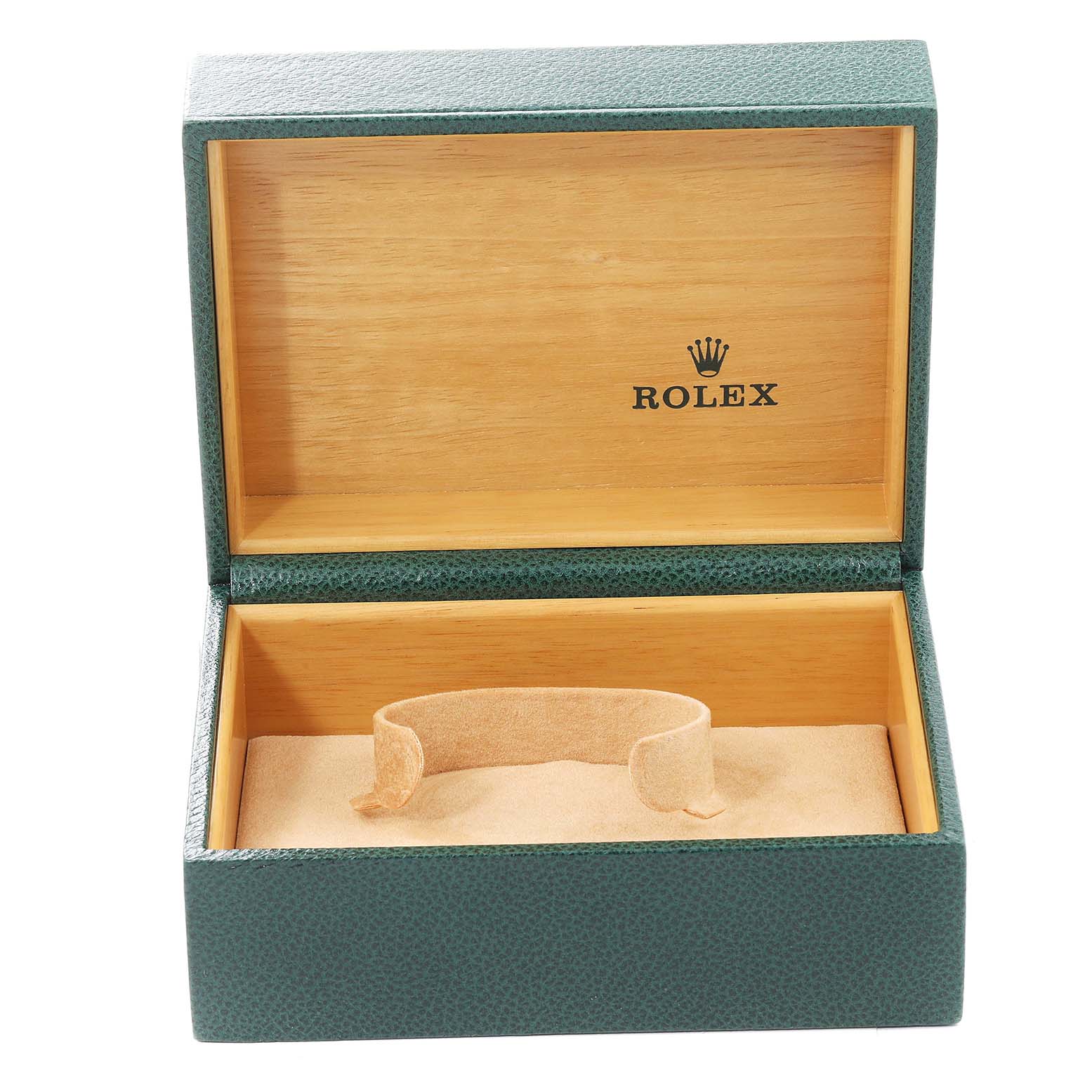 This is an empty Rolex Datejust 16233 Men's Steel and Gold (two tone) White Dial 16233 Men's Steel and Gold (two tone) White Dial watch box, shown from the front with an open lid displaying the interior and watch cushion.