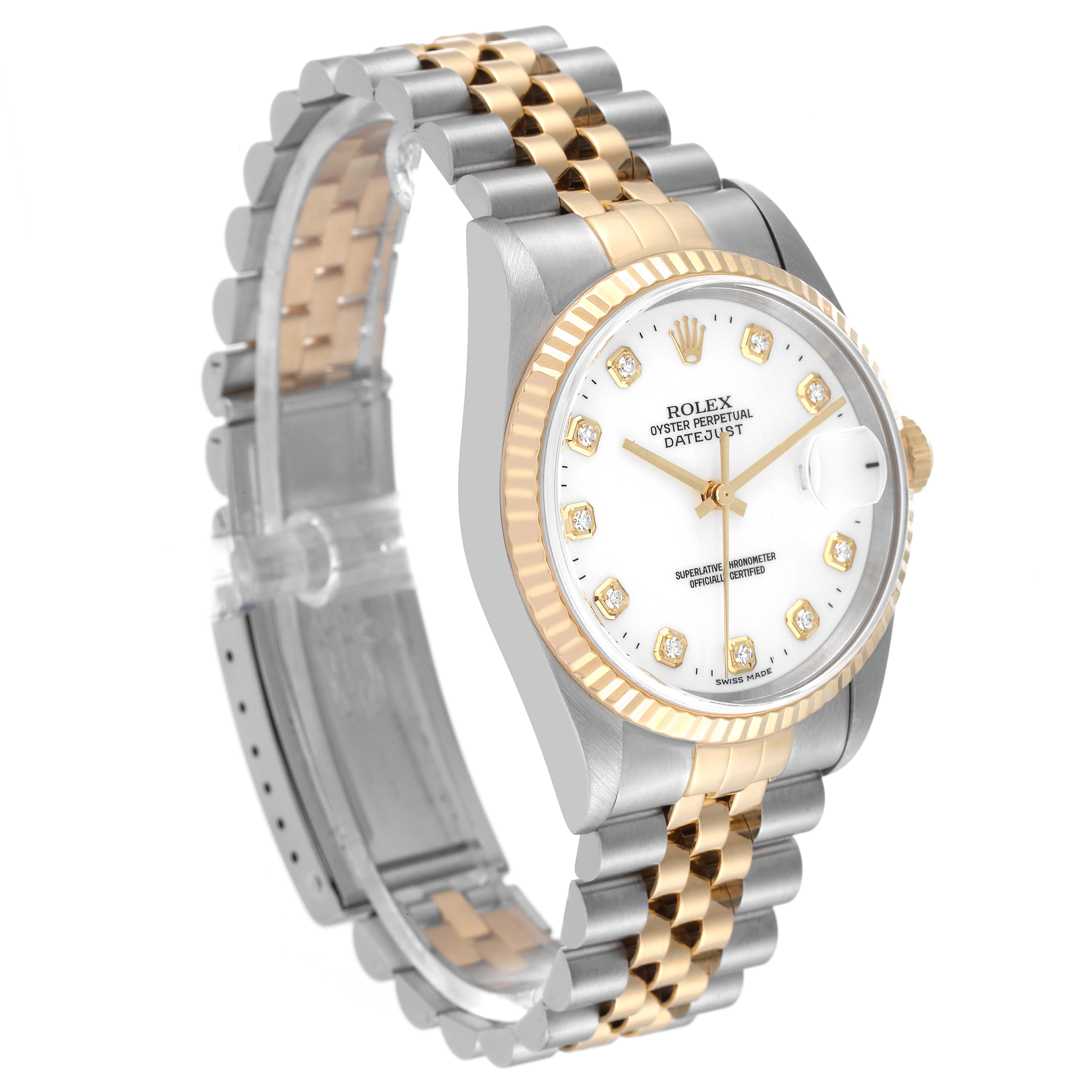 This image shows a side angle of the Rolex Datejust 16233 Men's Steel and Gold (two tone) White Dial 16233 Men's Steel and Gold (two tone) White Dial watch highlighting the bezel, dial, bracelet, and clasp.