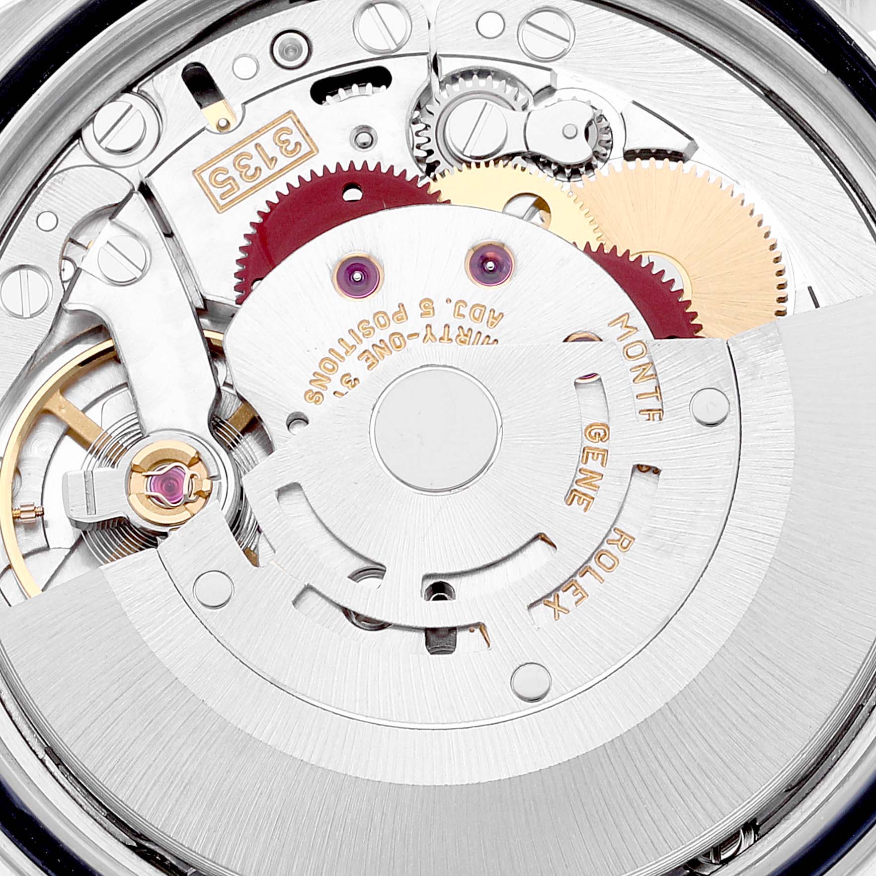 This image shows a close-up of the movement and internal mechanisms of a Rolex Datejust 16233 Men's Steel and Gold (two tone) White Dial 16233 Men's Steel and Gold (two tone) White Dial watch.
