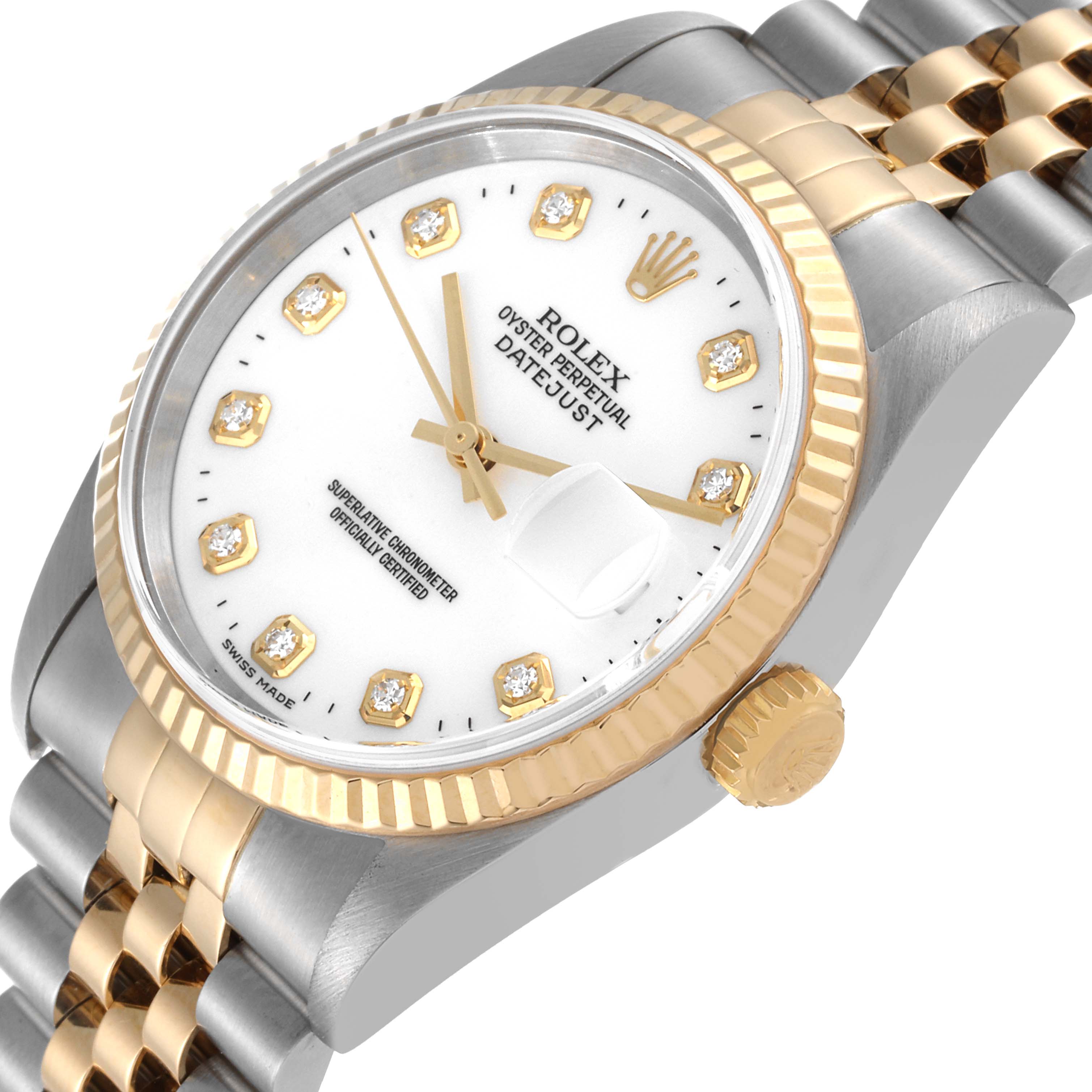 The image shows a close-up side angle of the Rolex Datejust 16233 Men's Steel and Gold (two tone) White Dial 16233 Men's Steel and Gold (two tone) White Dial, highlighting the dial, bezel, crown, and two-tone bracelet.