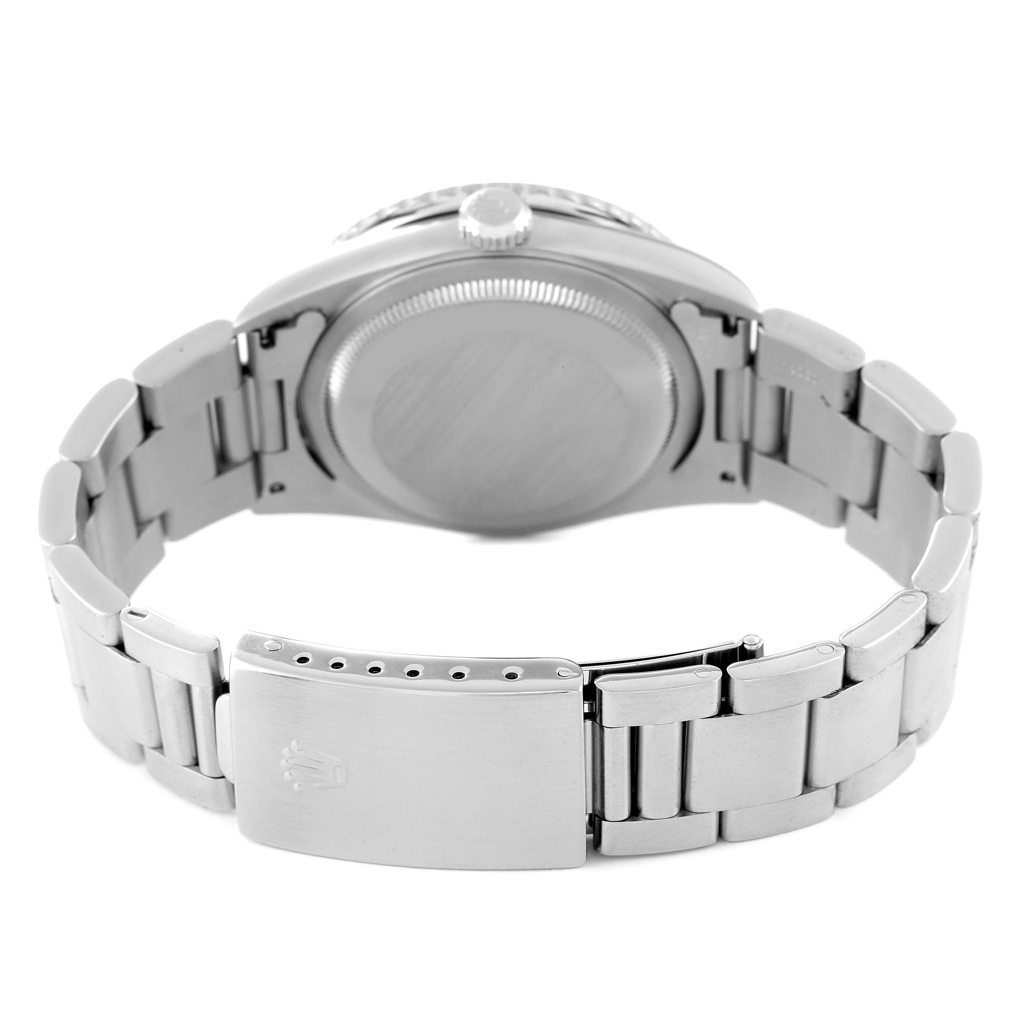 This image shows the back view of a Rolex Turn-o-Graph 16264 Men's Stainless Steel White Dial 16264 Men's Stainless Steel White Dial watch, highlighting the case, crown, and bracelet with the clasp.