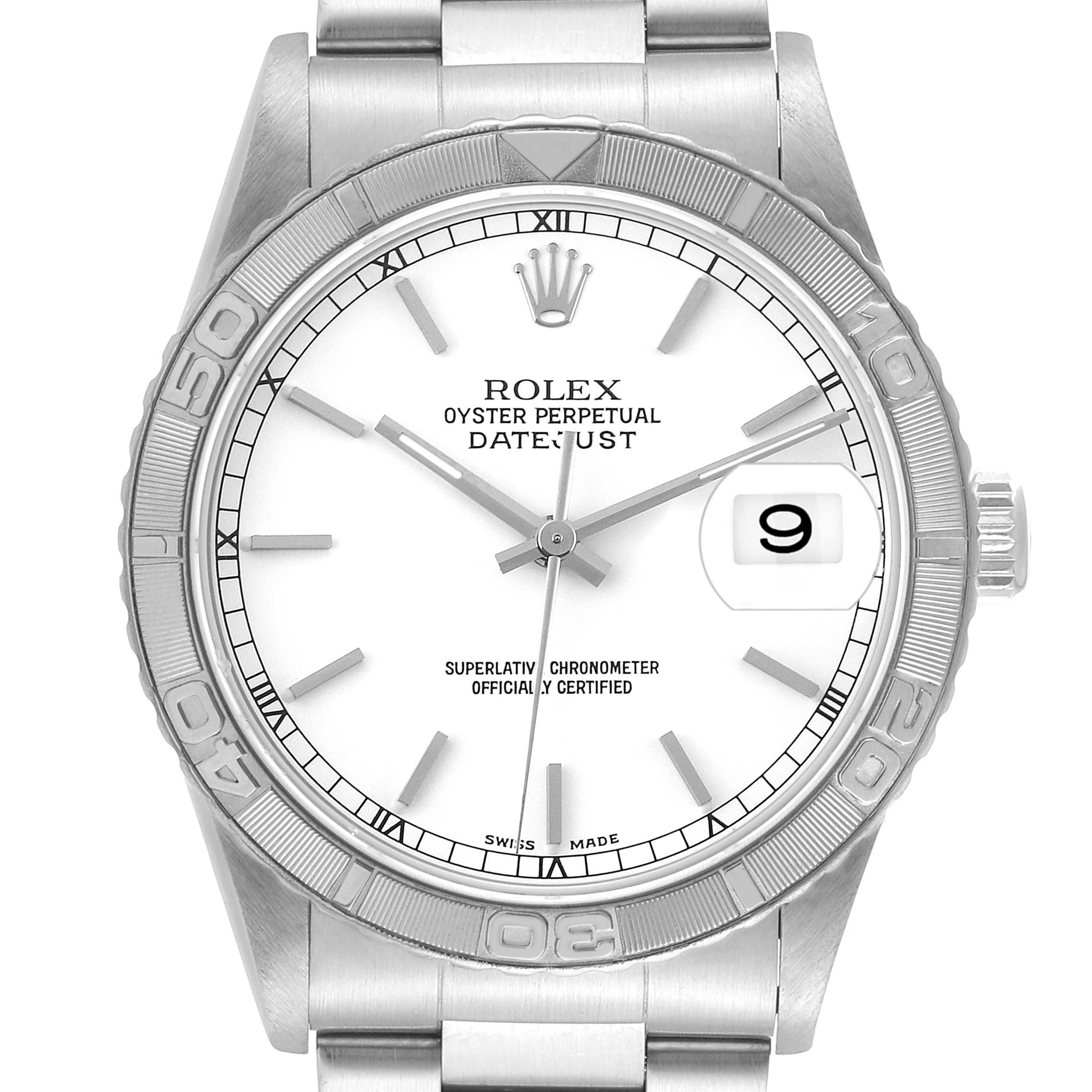 The image shows a front view of a Rolex Turn-o-Graph 16264 Men's Stainless Steel White Dial 16264 Men's Stainless Steel White Dial watch, displaying the dial, bezel, hands, crown, and part of the bracelet.
