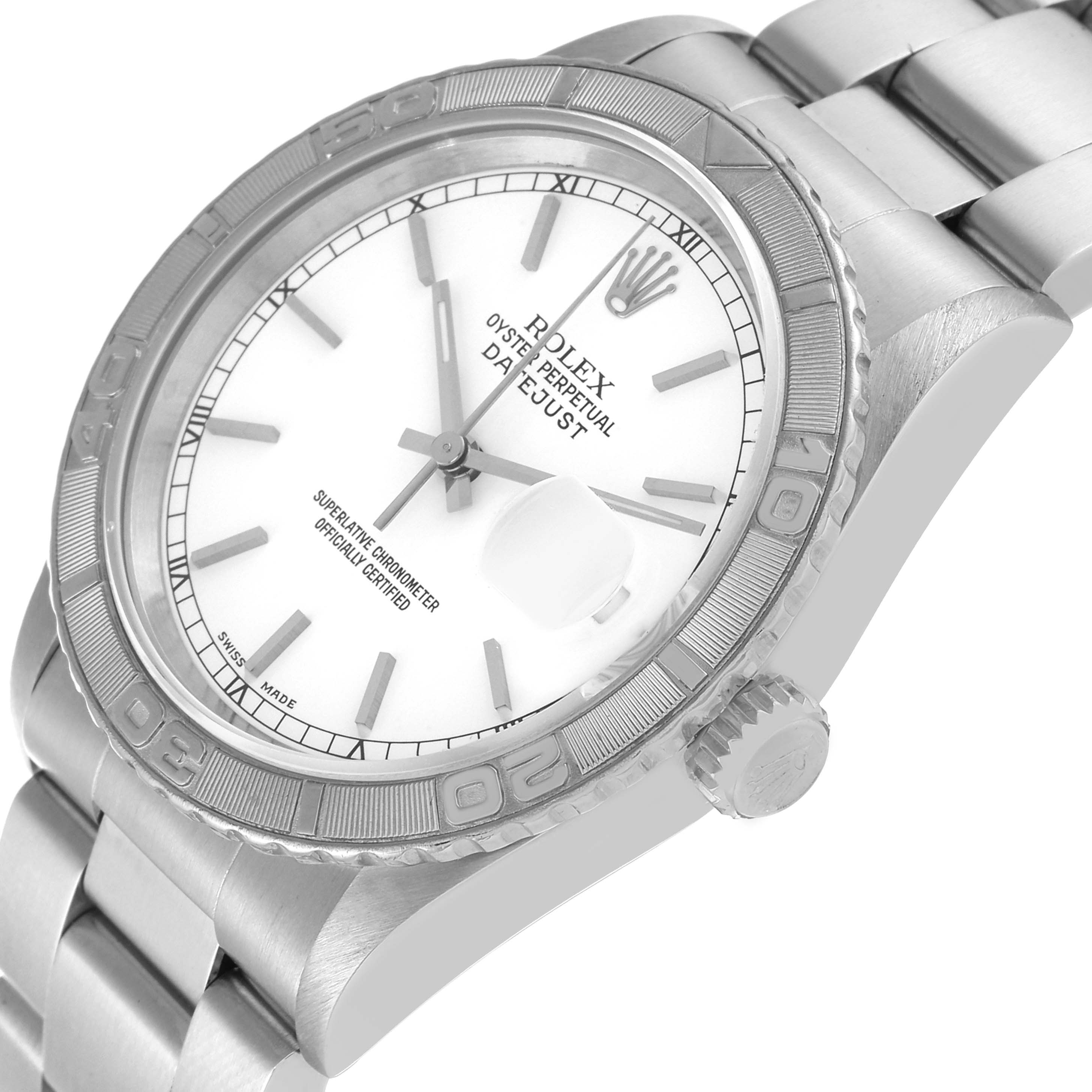 The Rolex Turn-o-Graph 16264 Men's Stainless Steel White Dial 16264 Men's Stainless Steel White Dial watch is shown at a slight angle, highlighting its face, bezel, crown, and part of the bracelet.