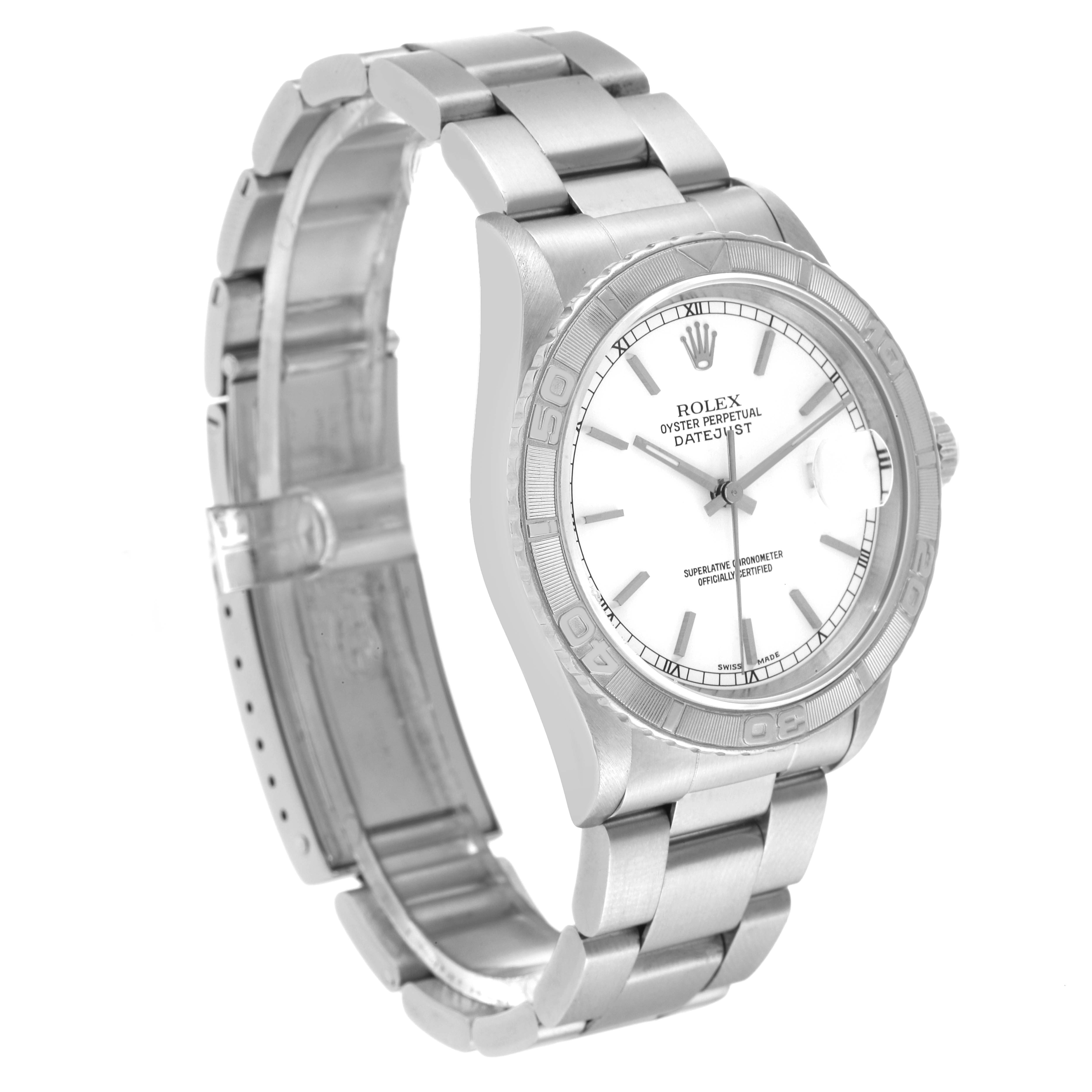 The Rolex Turn-o-Graph 16264 Men's Stainless Steel White Dial 16264 Men's Stainless Steel White Dial watch is shown at a three-quarter angle displaying the face, bezel, and partially opened bracelet.
