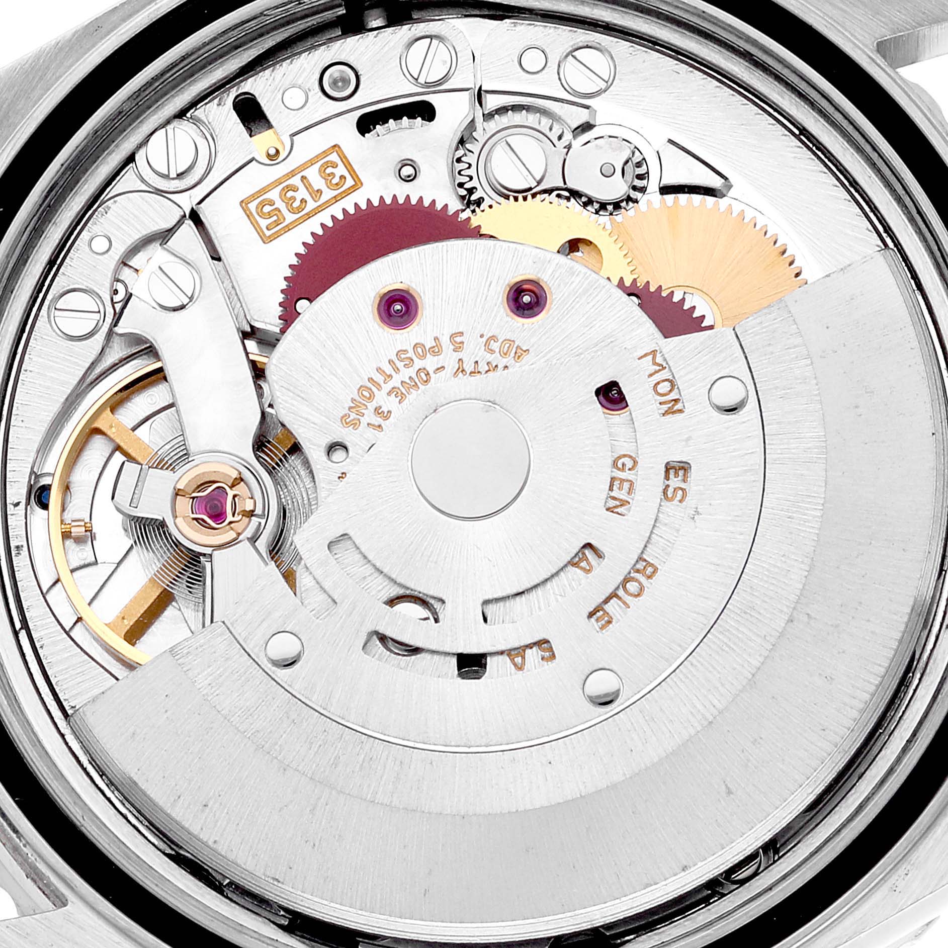 This image shows the internal mechanism of the Rolex Turn-o-Graph 16264 Men's Stainless Steel White Dial 16264 Men's Stainless Steel White Dial watch at an angle highlighting the gears and rotor.