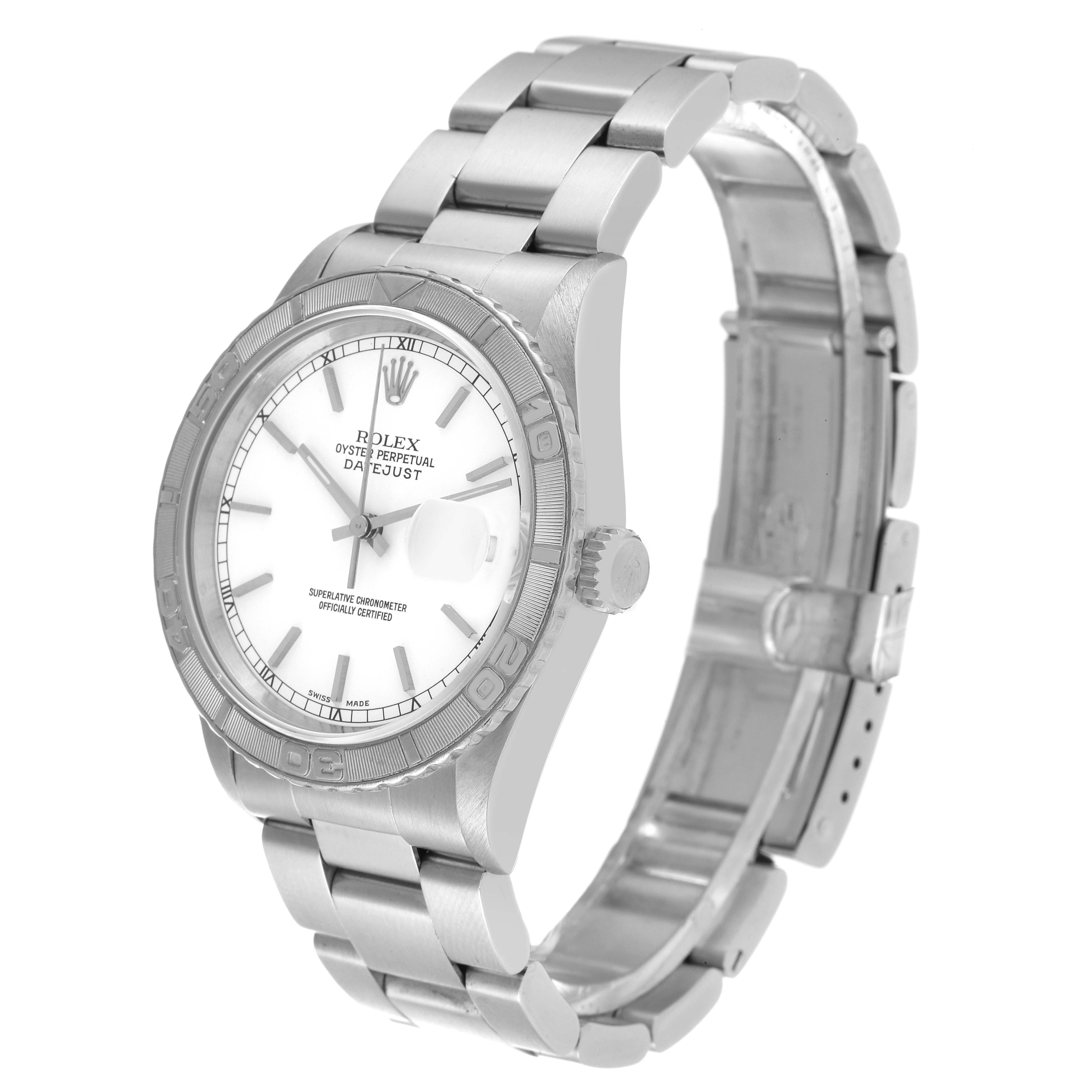 The image shows a Rolex Turn-o-Graph 16264 Men's Stainless Steel White Dial 16264 Men's Stainless Steel White Dial watch at a right-side angle, highlighting the face, bezel, crown, and part of the bracelet.
