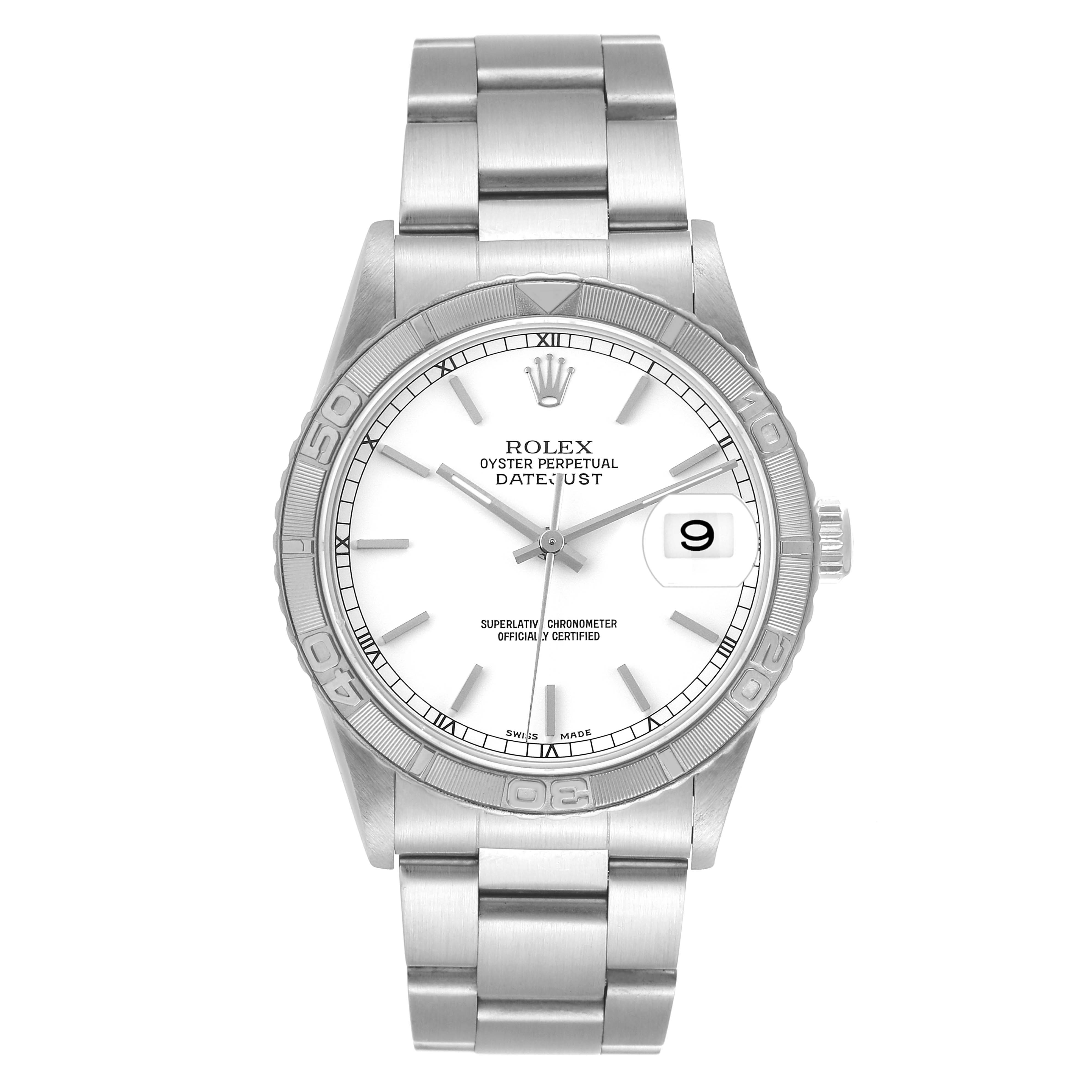 This image shows a front view of the Rolex Turn-o-Graph 16264 Men's Stainless Steel White Dial 16264 Men's Stainless Steel White Dial watch, displaying the dial, bezel, bracelet, and date window.