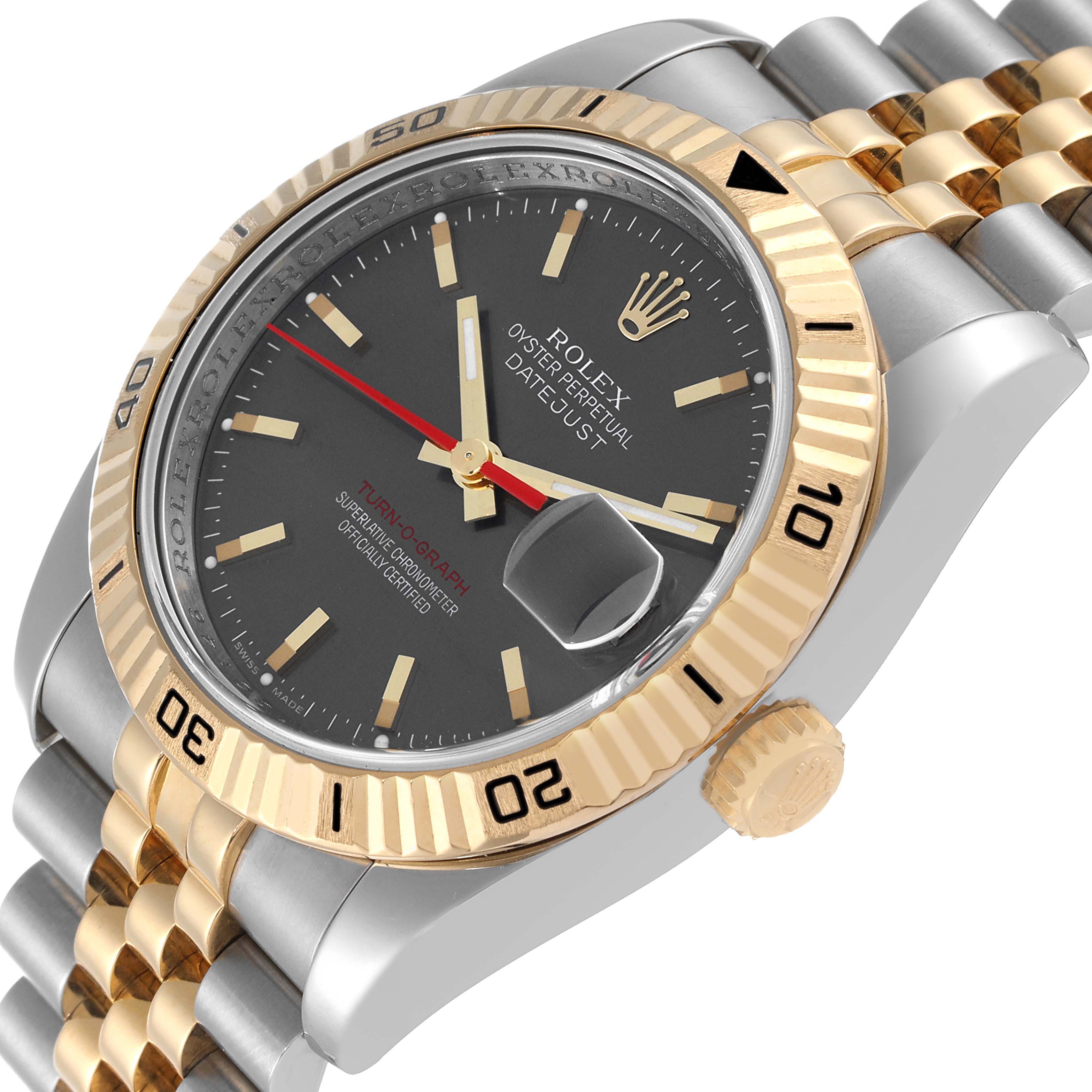 This image shows a Rolex Turn-o-Graph 116263 Men's Steel and Gold (two tone) Grey Dial 116263 Men's Steel and Gold (two tone) Grey Dial watch from a three-quarter angle, highlighting the bezel, dial, bracelet, and crown.
