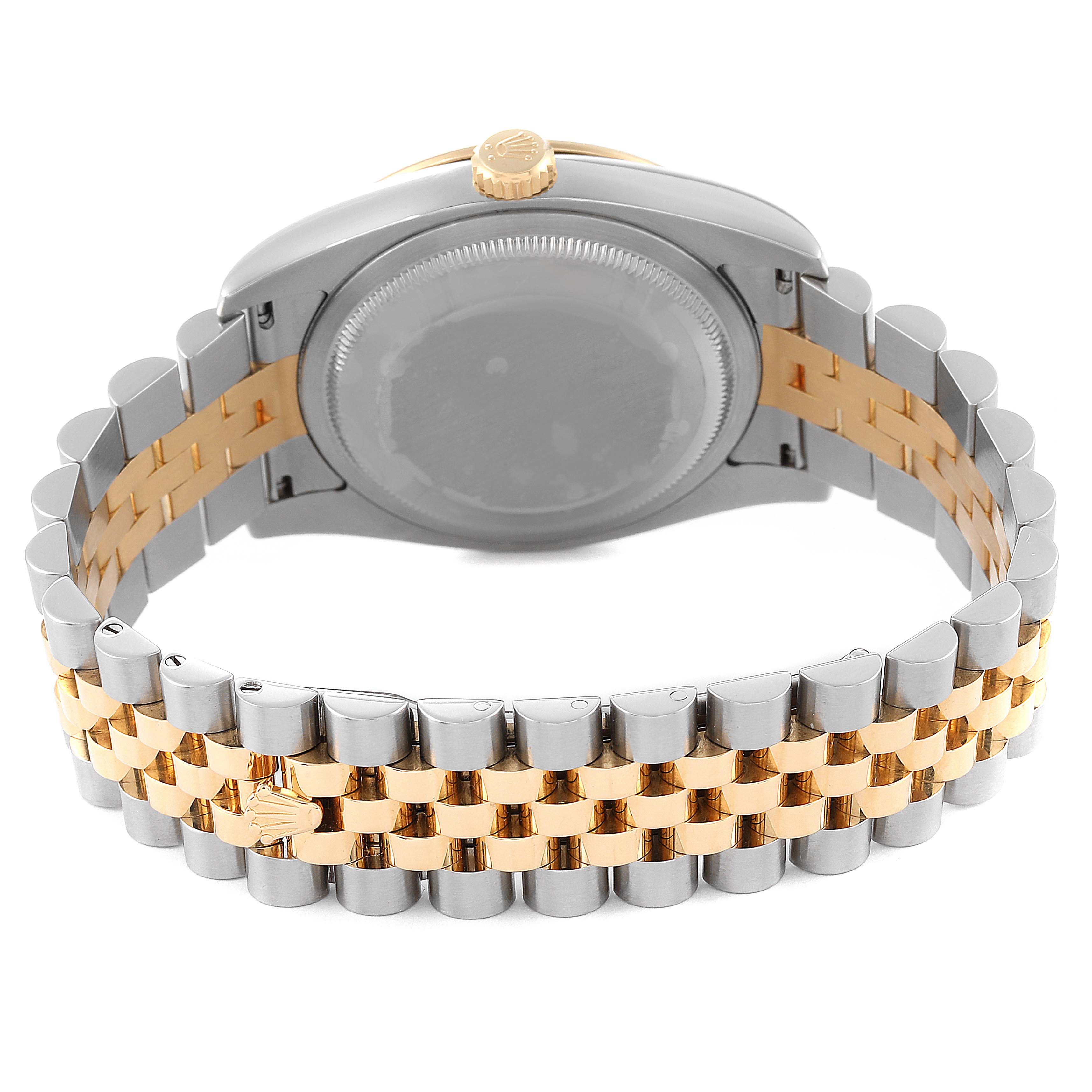 The image shows the back case and bracelet of a Rolex Turn-o-Graph 116263 Men's Steel and Gold (two tone) Grey Dial 116263 Men's Steel and Gold (two tone) Grey Dial watch, highlighting the gold and silver link details.