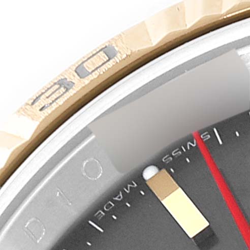 The image shows a close-up of the bezel and dial of a Rolex Turn-o-Graph 116263 Men's Steel and Gold (two tone) Grey Dial 116263 Men's Steel and Gold (two tone) Grey Dial watch, highlighting the "Swiss Made" text.