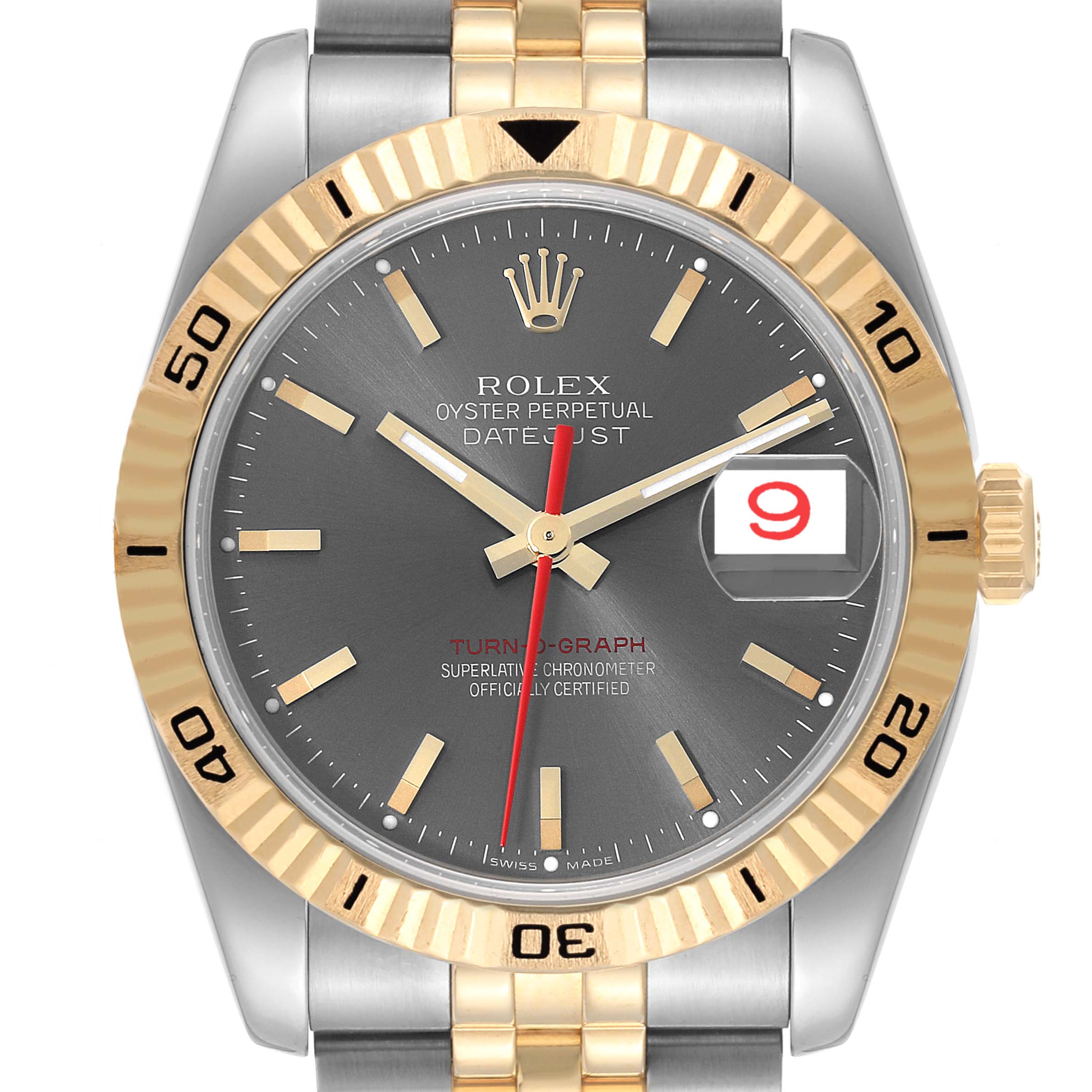 The image shows a front view of the Rolex Turn-o-Graph 116263 Men's Steel and Gold (two tone) Grey Dial 116263 Men's Steel and Gold (two tone) Grey Dial watch, highlighting the bezel, dial, hands, date window, and bracelet.