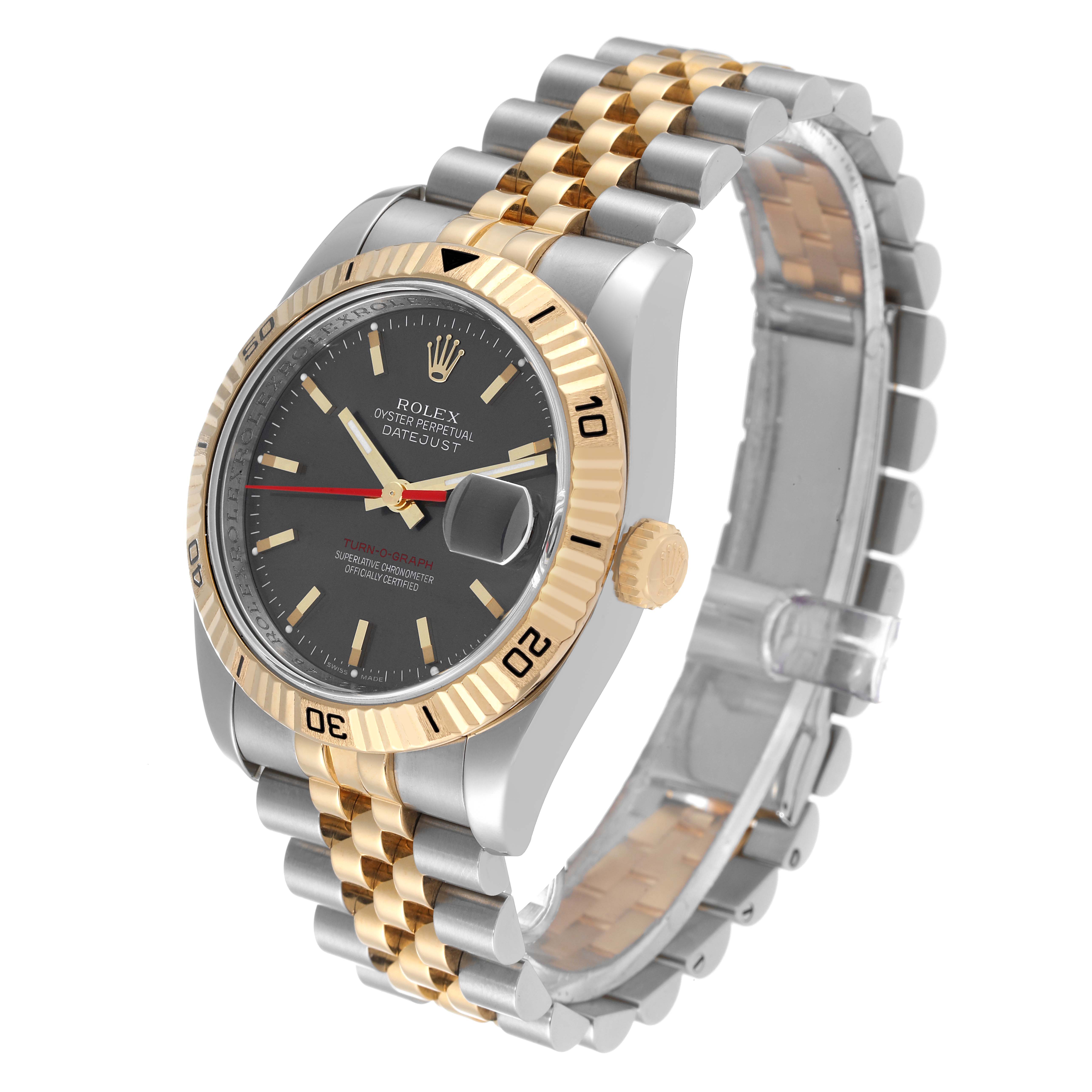 This image shows a Rolex Turn-o-Graph 116263 Men's Steel and Gold (two tone) Grey Dial 116263 Men's Steel and Gold (two tone) Grey Dial watch at an angle, highlighting its bezel, dial, and jubilee bracelet.