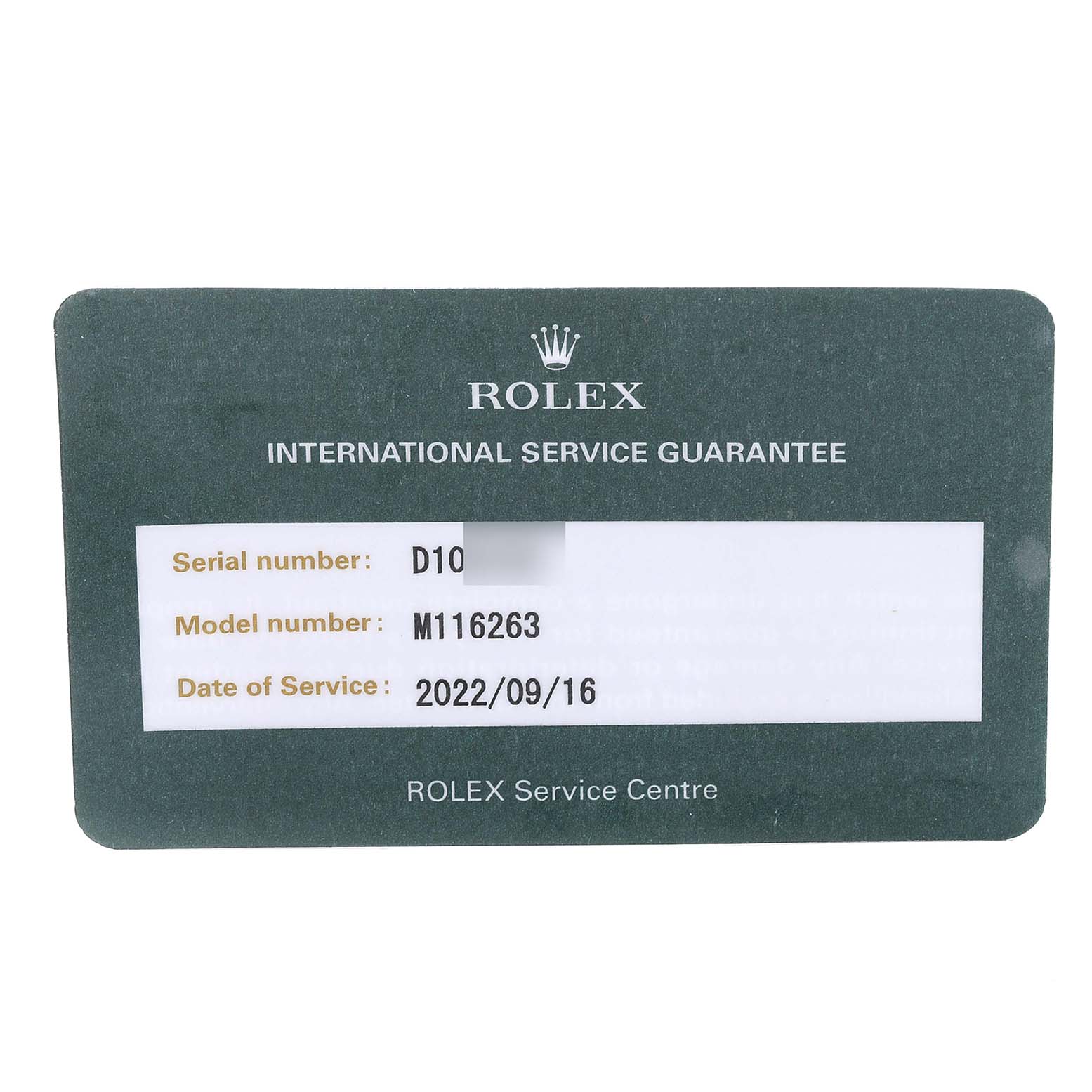This image shows an International Service Guarantee card for a Rolex Turn-o-Graph 116263 Men's Steel and Gold (two tone) Grey Dial 116263 Men's Steel and Gold (two tone) Grey Dial model, number M116263.