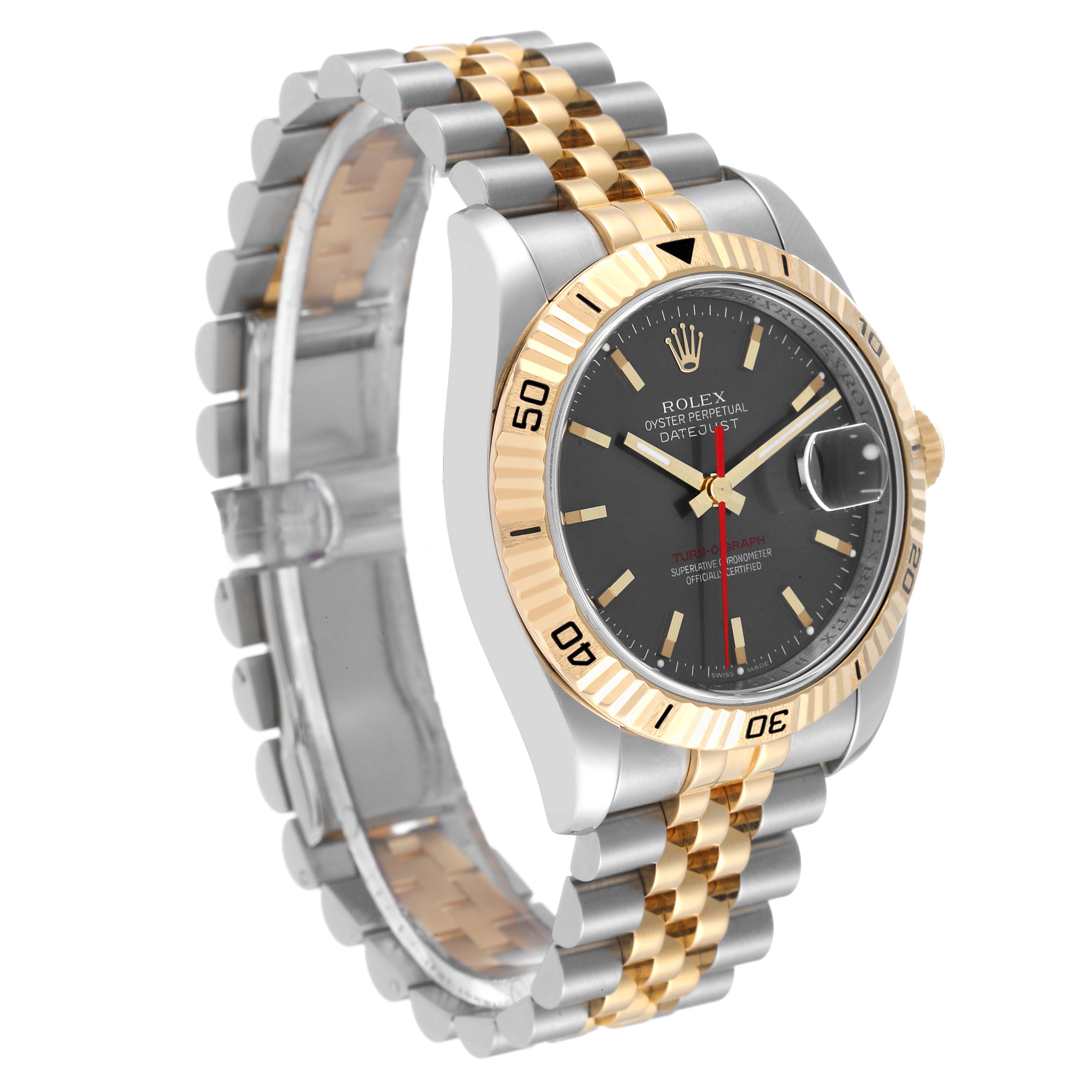 The Rolex Turn-o-Graph 116263 Men's Steel and Gold (two tone) Grey Dial 116263 Men's Steel and Gold (two tone) Grey Dial watch is shown at an angle highlighting its face, bezel, crown, and two-tone bracelet.