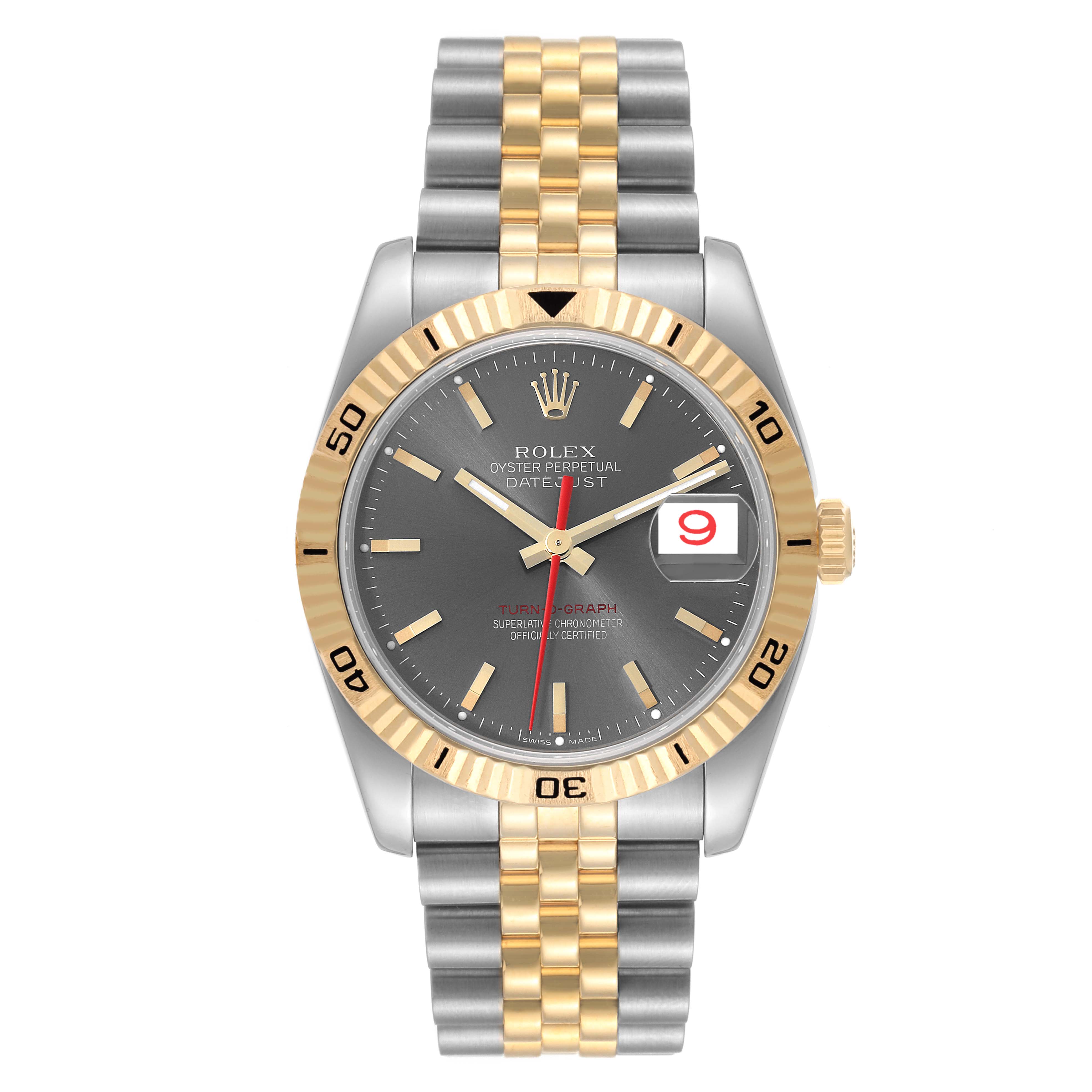 This Rolex Turn-o-Graph 116263 Men's Steel and Gold (two tone) Grey Dial 116263 Men's Steel and Gold (two tone) Grey Dial watch is shown from the front, displaying the face, bezel, and two-tone metal bracelet.